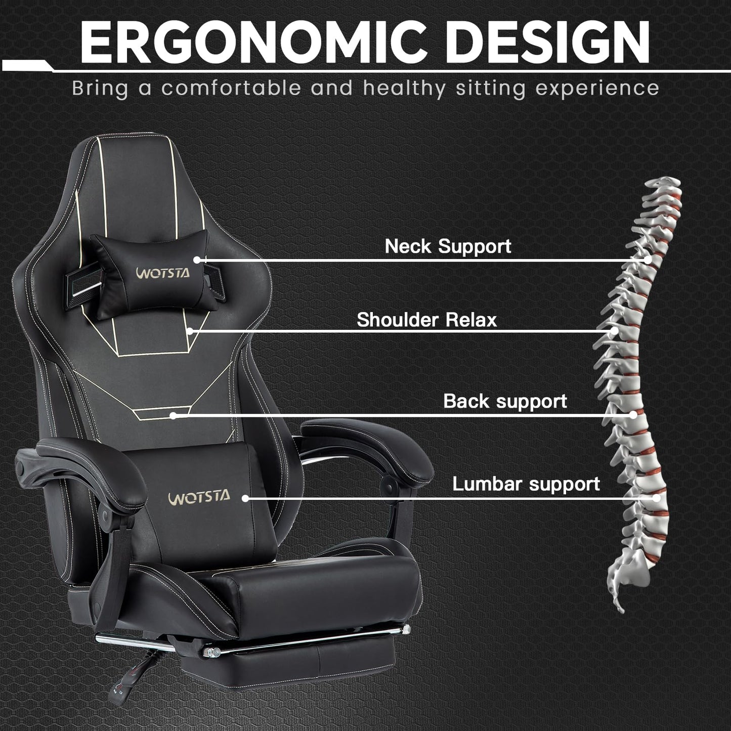 WOTSTA Gaming Chair, Ergonomic Gaming Chair, Computer Chair with Headrest and Lumbar, Racing Computer Chairs, Height Adjustable Rotating PC Chairs