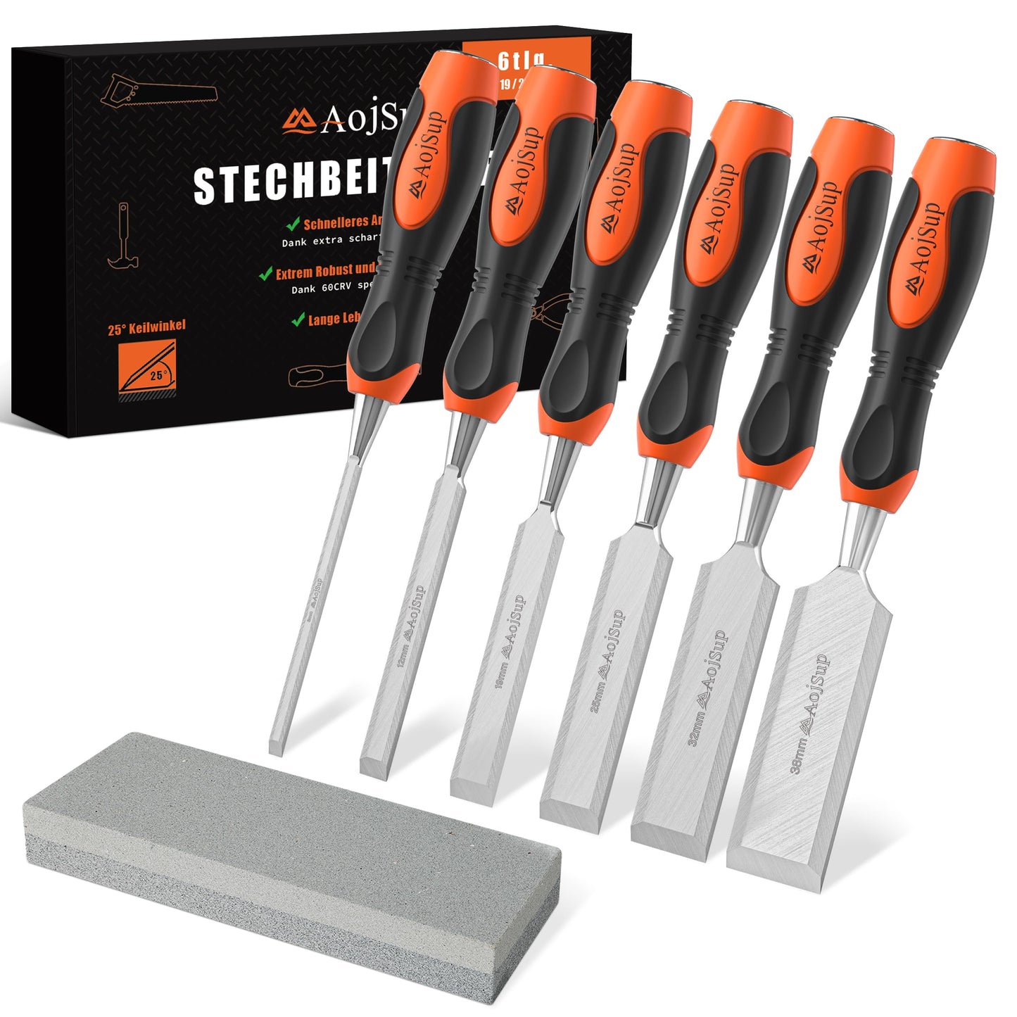 AojSup Wood Chisel Set, 6-Piece Woodworking Carving Chisels (6mm, 12mm,19mm, 25mm, 32mm, 38mm), Sharp Bevel Edge Chisels with Sharpening Stone,