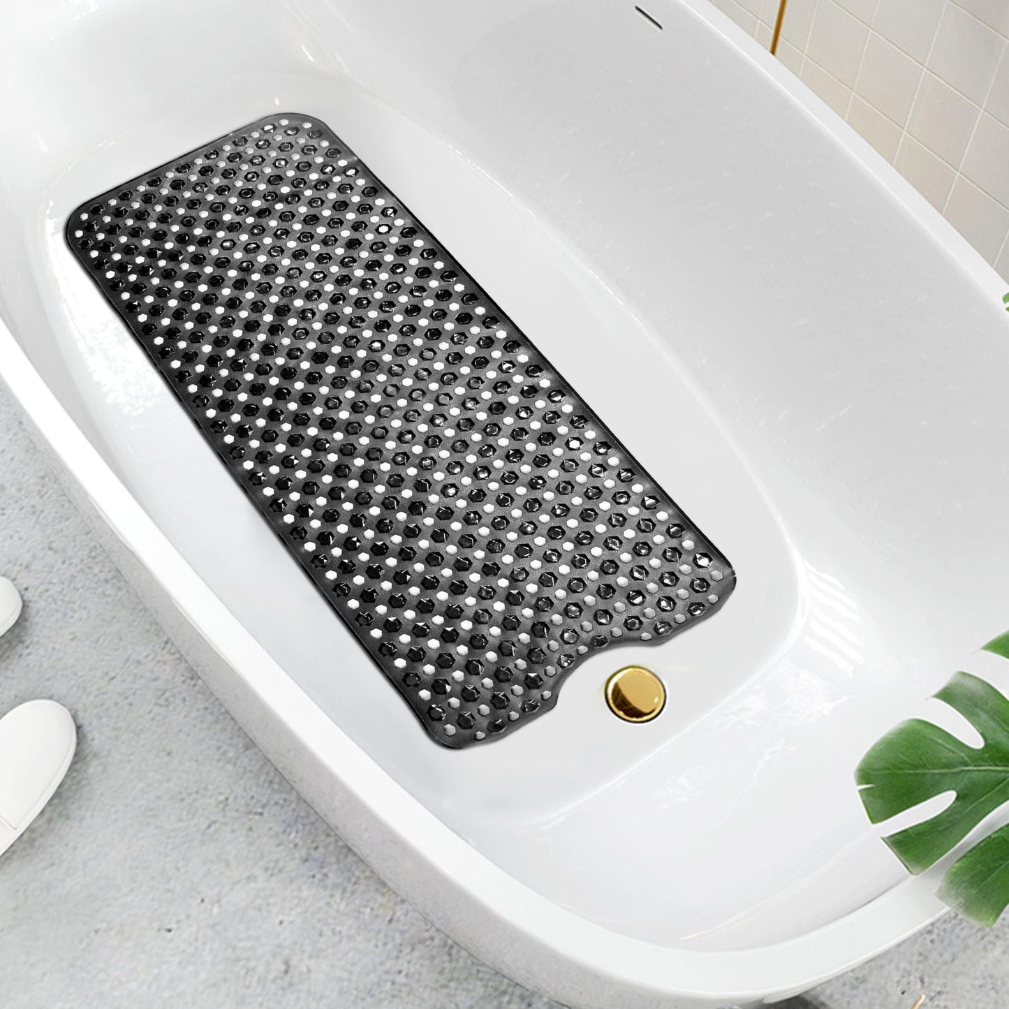 Non Slip Shower Bath Mat for Bathroom Extra Long Bathtub with Strong Suckers and Drain Holes Machine Washable - Black - 40 x 100 cm