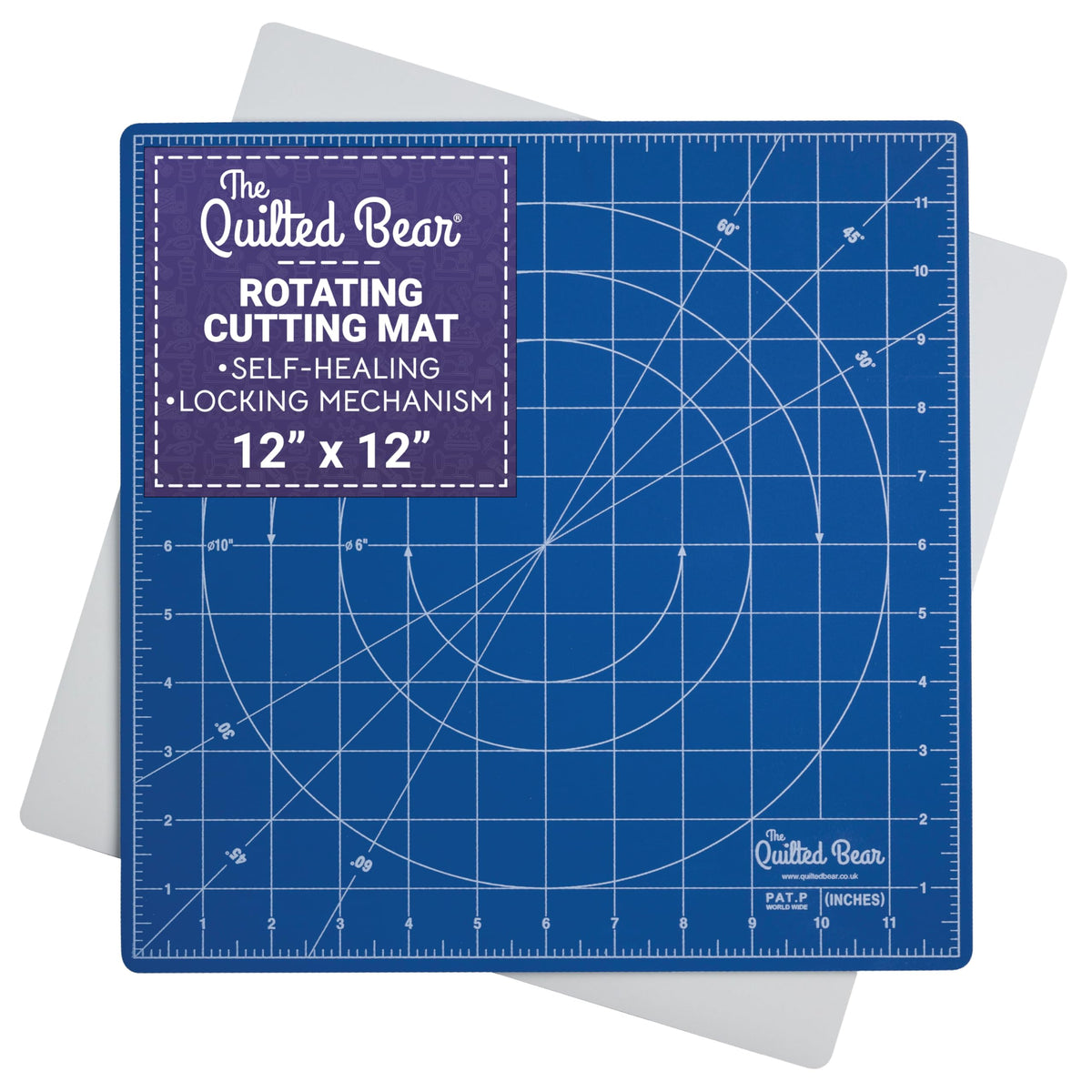The Quilted Bear Rotating Cutting Mat 12" x 12" - Square Self Healing 360? Rotating Craft Cutting Mat with Innovative Locking Mechanism for Quilting &