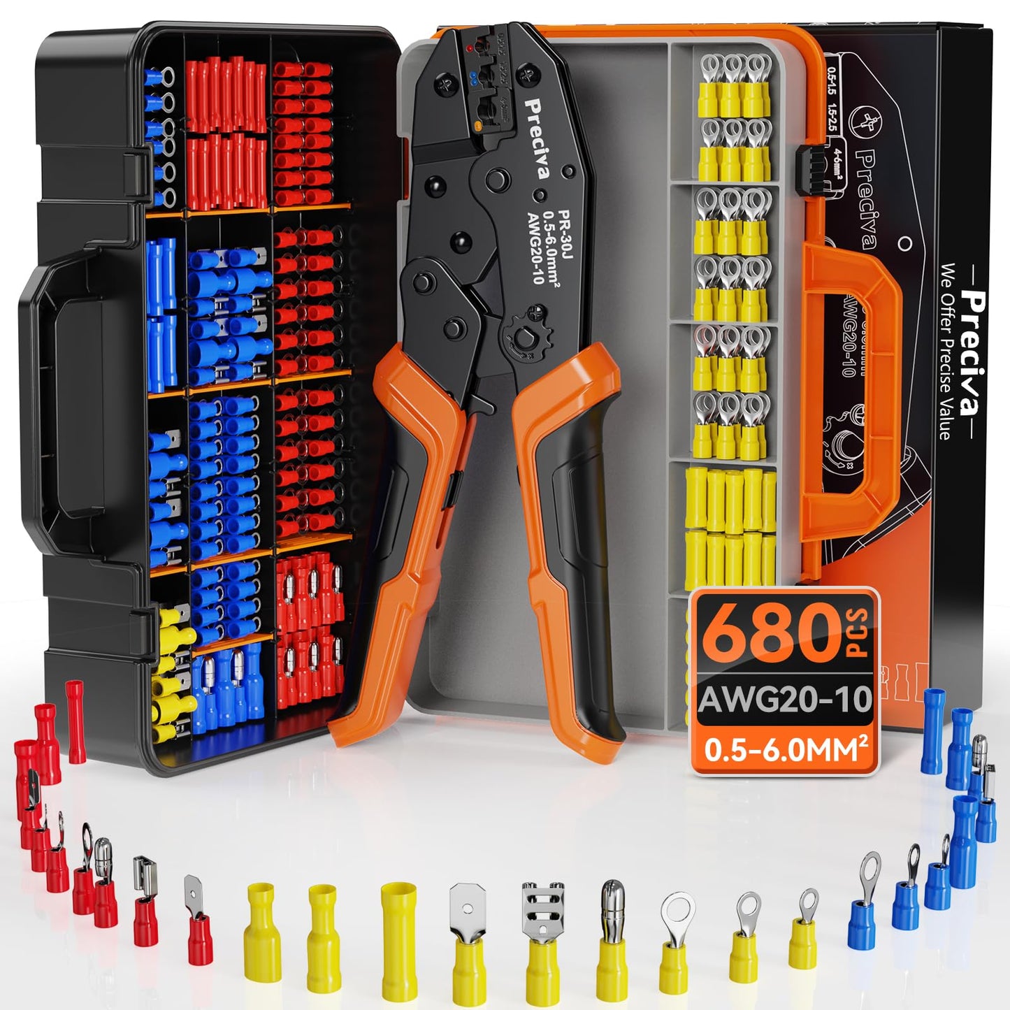Preciva Insulated Wire Terminal Crimping Tool,0.5-6mm? Ratchet Crimps Plier with 27 Type-680PCS Wire Crimp Connectors,Insulated Crimping Tools with