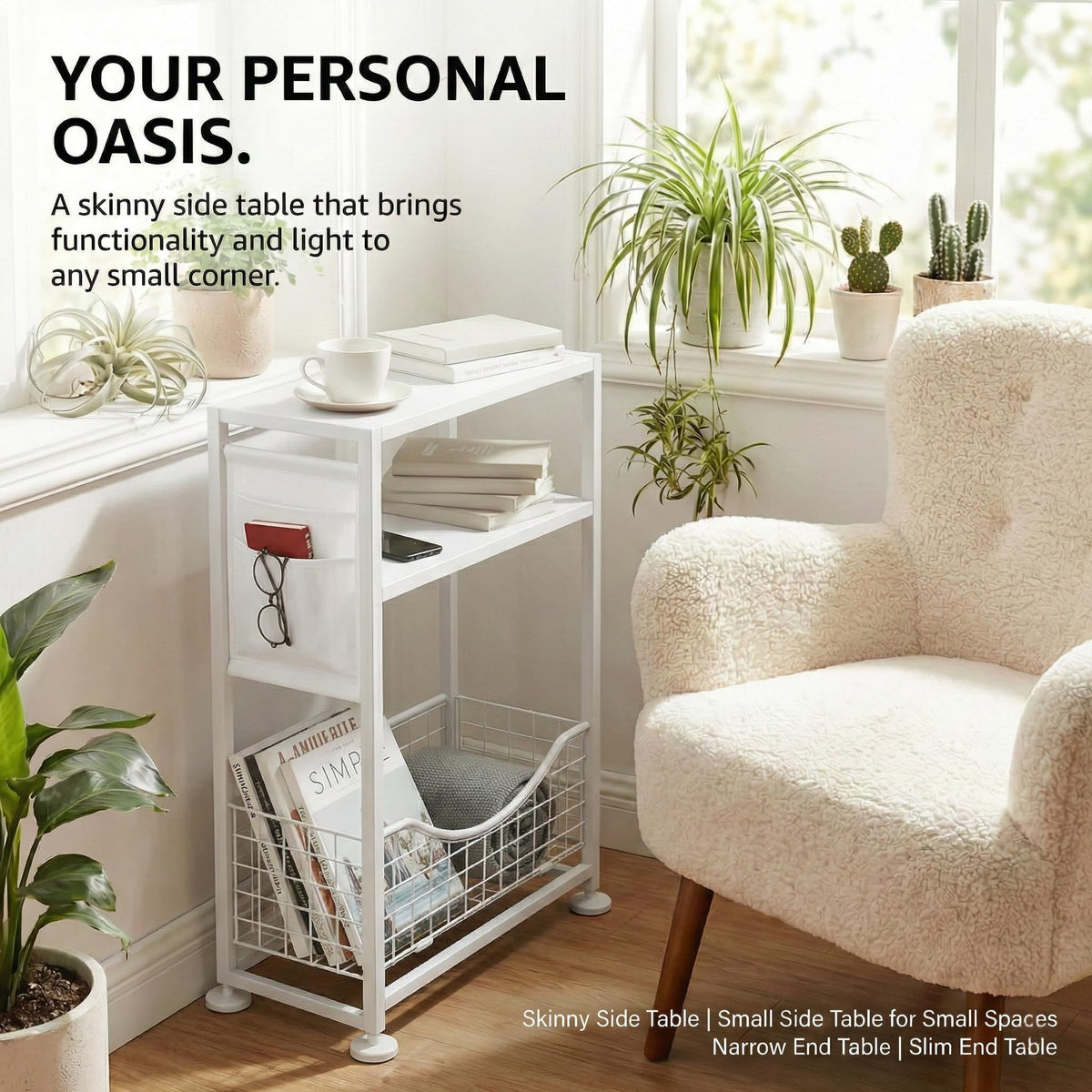 ZEXVIDA Narrow Side Table, 3-Tier Slim End Table with Magazine Holder and Fabric Storage