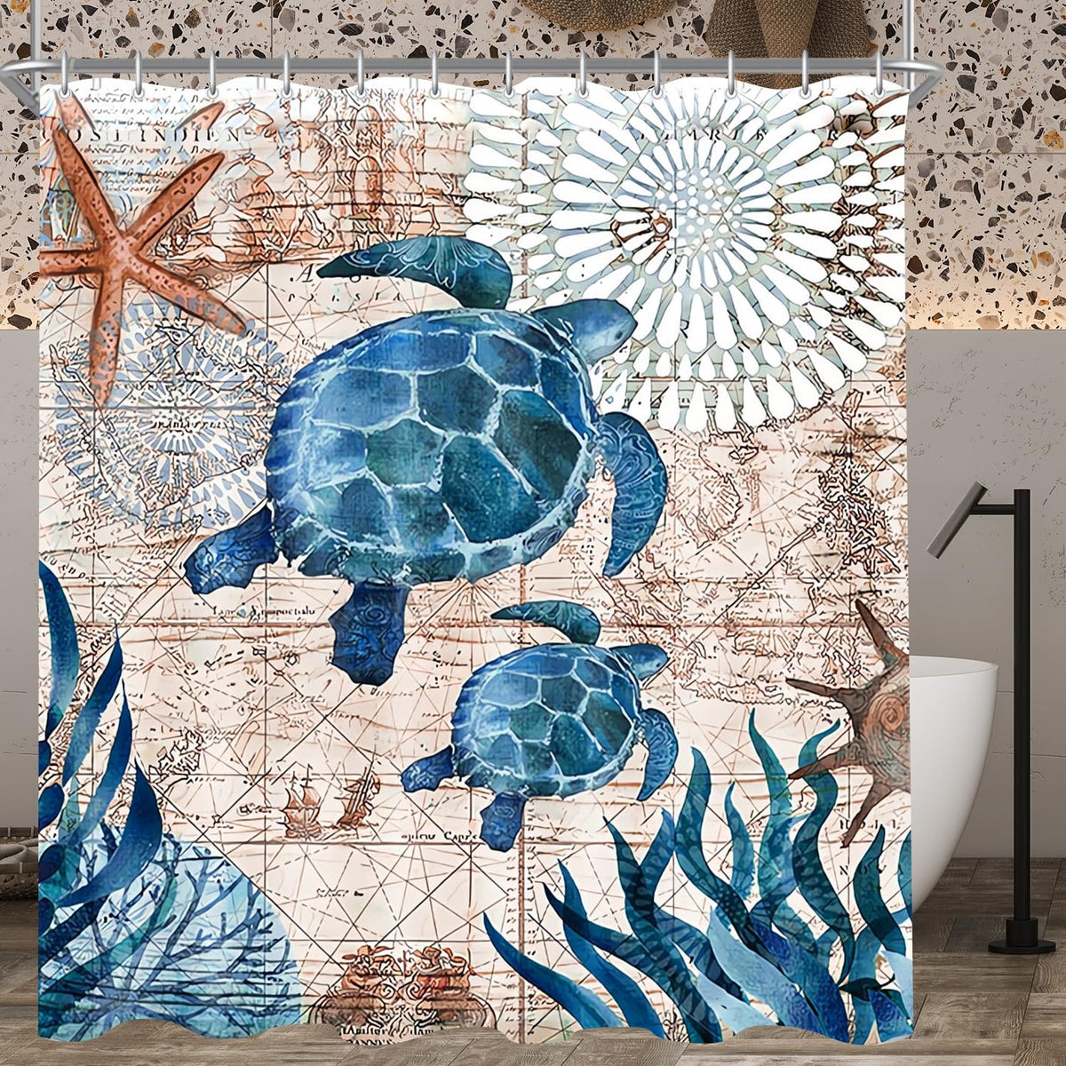 Lerores Shower Curtain, 180 x 160 cm, Sea Turtle, Weighted Hem, Anti-Mould, Water-Repellent, Washable Polyester Fabric Bath Curtains with Eyelets and