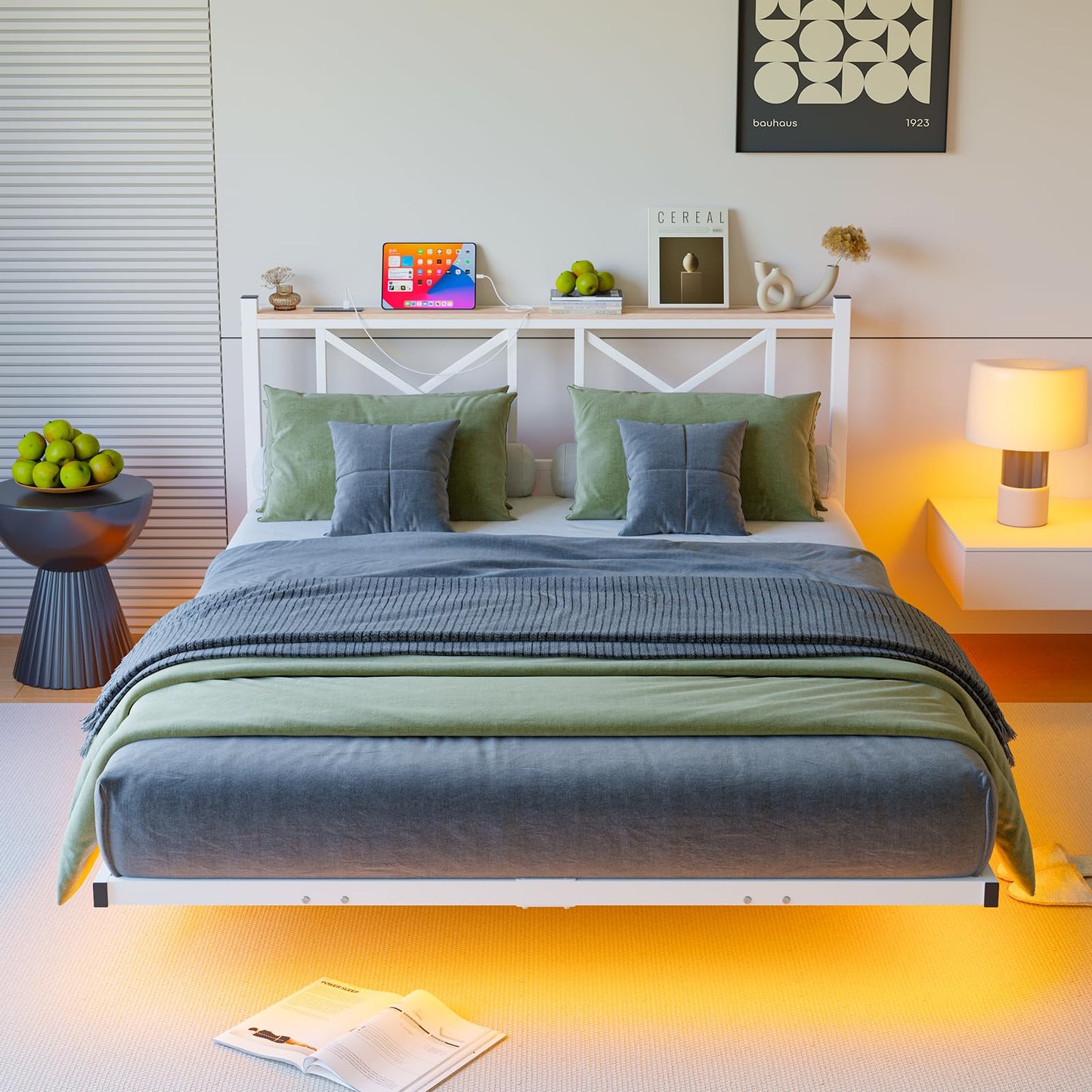 ARFARLY King Size Floating Bed Frame with LED Lights and Charging Station, Metal Platform Bed Frame King Size with Wooden Storage Headboard White and