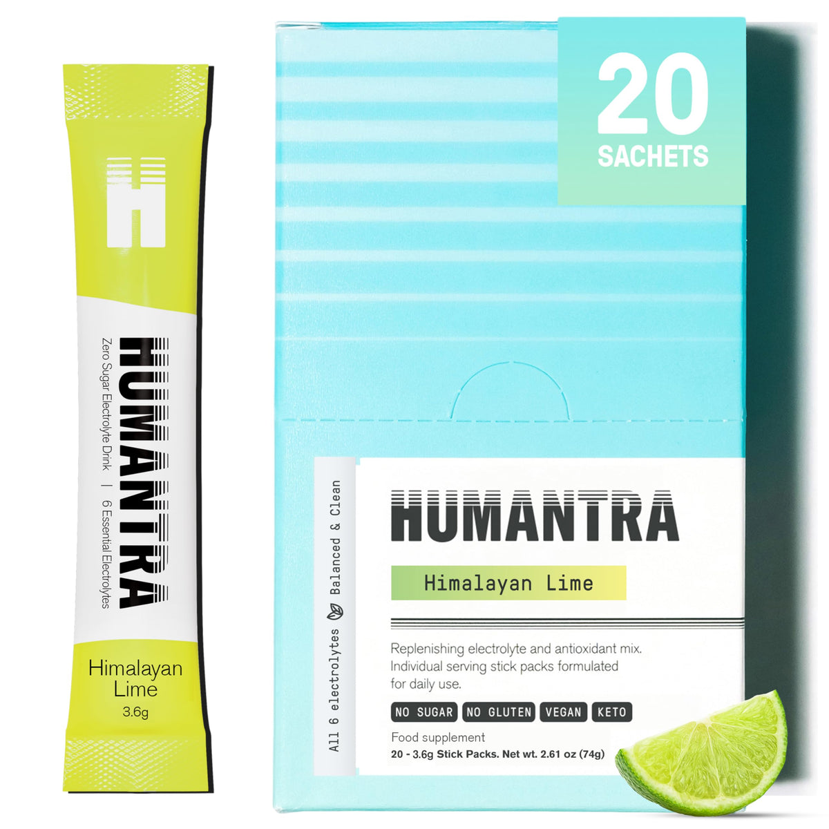 Humantra Electrolyte Packets | Zero Sugar | W/ 6 Electrolytes | Electrolytes Powder (20 Count, Himalayan Lime)