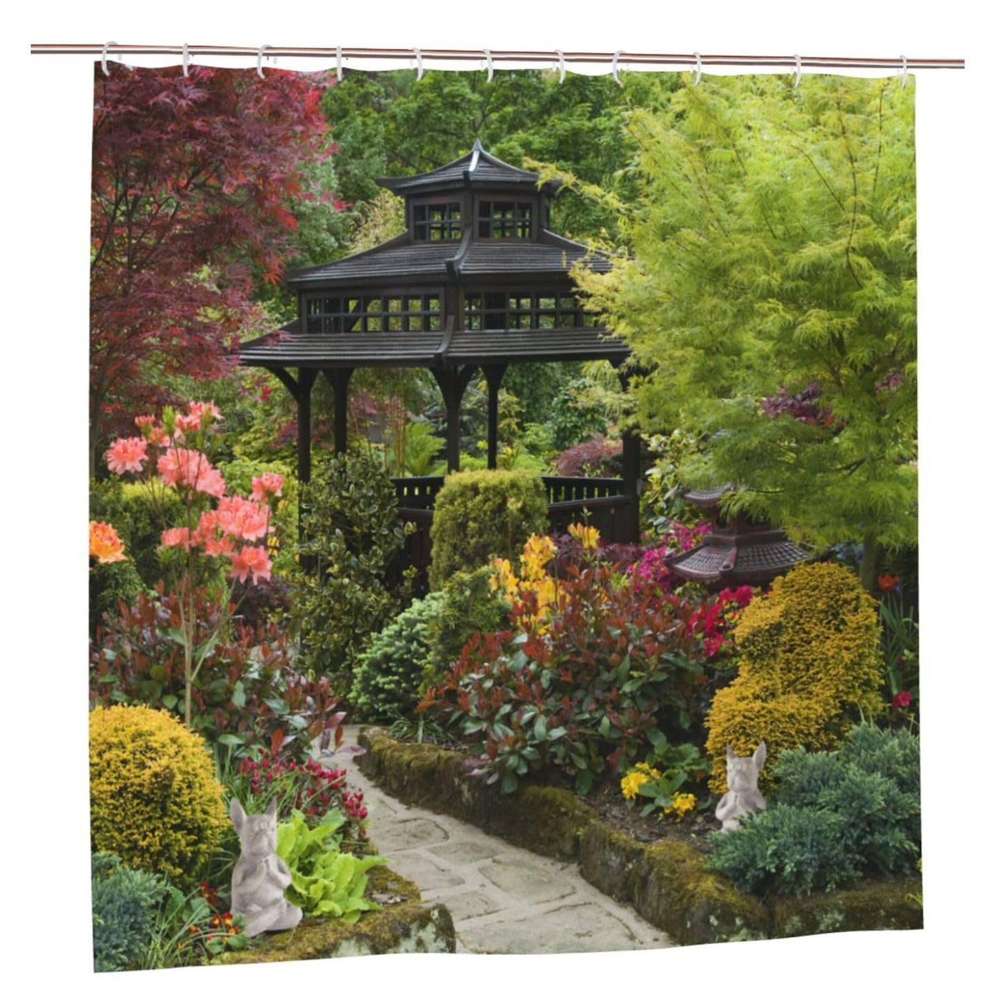 Garden Outdoor View Shower Curtain, 3D Flowers Trees Nature Scenery Garden Decoration, Quick-Drying Polyester Waterproof Bath Bathroom Shower Curtain