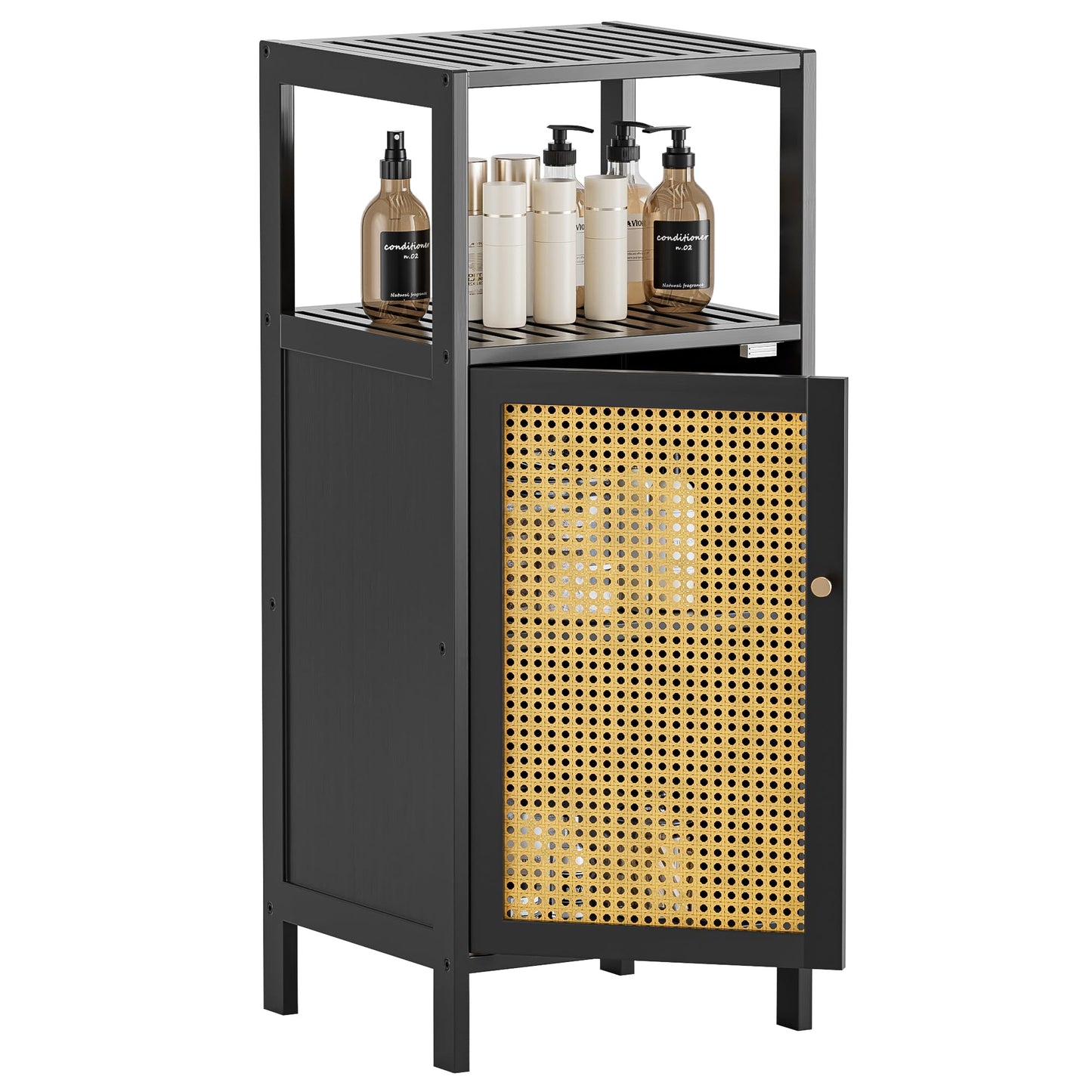HITNET Bamboo Floor Cabinet, Small Bathroom Storage Cabinet with Single Rattan Door, Narrow Side Storage Organizer Unit Freestanding Space Saving