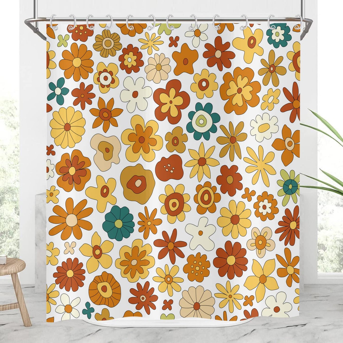 Hnmdmyi Retro Boho Floral Shower Curtain 90x180, Funky Vintage 70s Yellow Orange Flowers Bathroom Curtains Geometric Hippie Abstract Waterproof