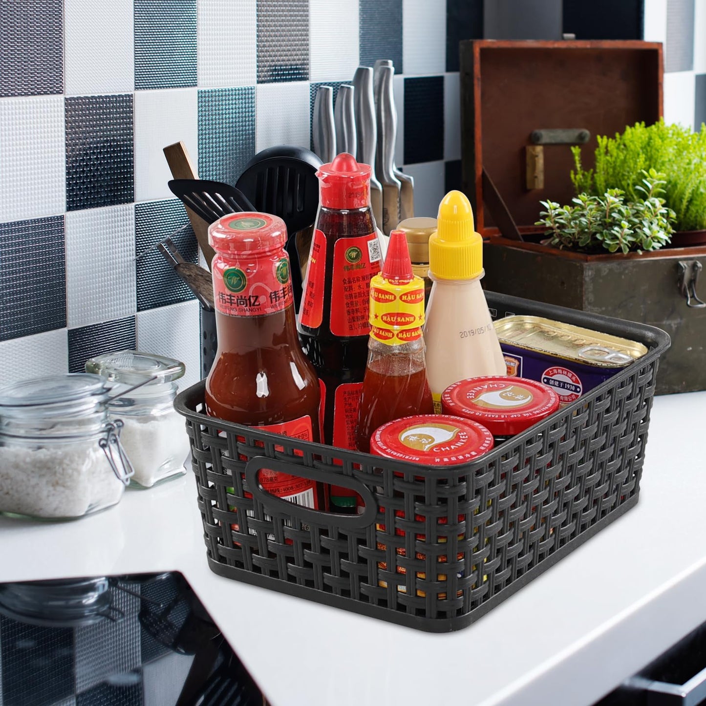 Sandmovie Plastic Woven Storage Baskets, Black, 6 Packs