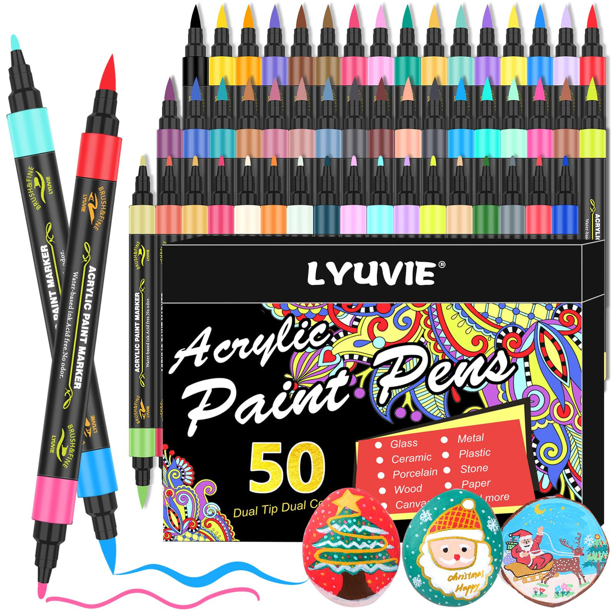 Lyuvie 100 Colours Dual Tip Acrylic Paint Pens Set,50 Pack Permanent Acrylic Paint Markers Fine Tip & Brush Tip for Rock Painting Fabric Stone Wood