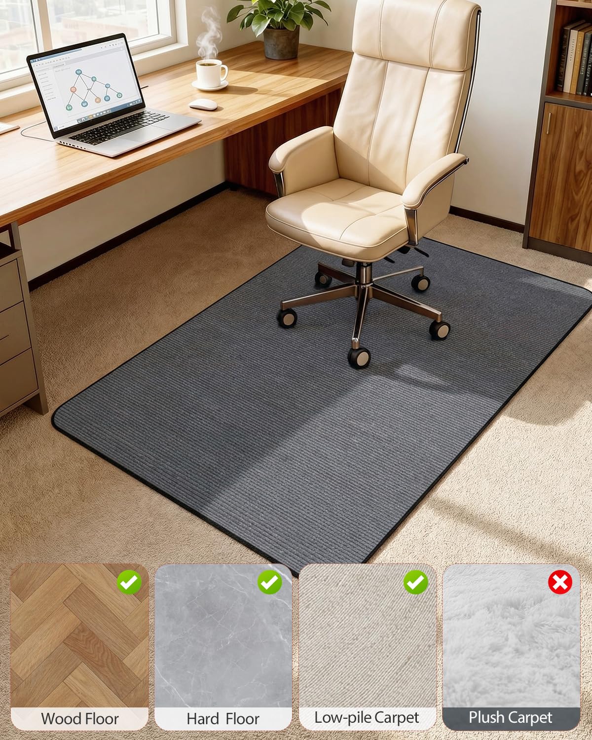 Blvornl Corduroy Office Chair Mat for Hardwood Floor and Low Pile Carpet, 90 x 120 cm Non-Slip Desk Rolling Chair Mat for Hard Floors
