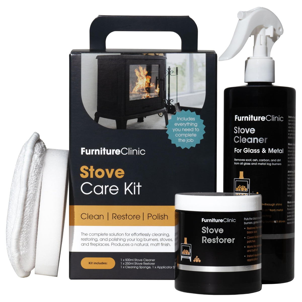 Furniture Clinic Stove Care Kit ? Clean and Restore Log Burners, Grates, & Fireplaces ? Removes Soot and Dirt ? Stove Glass & Metal Cleaner and Stove