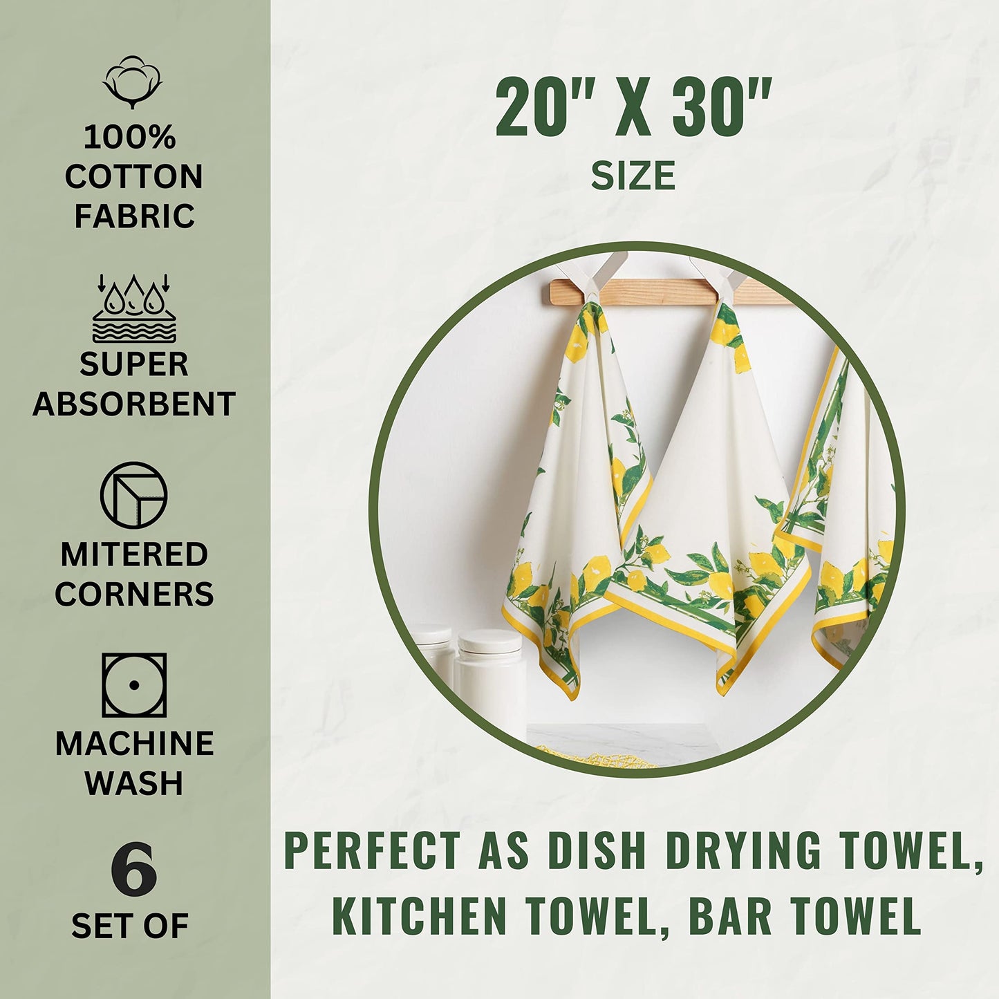 FINGERCRAFT Kitchen Dish Towels, 100% Natural Cotton, Set of 6 Multi-Purpose Kitchen Towels, Very Soft, Highly Absorbent