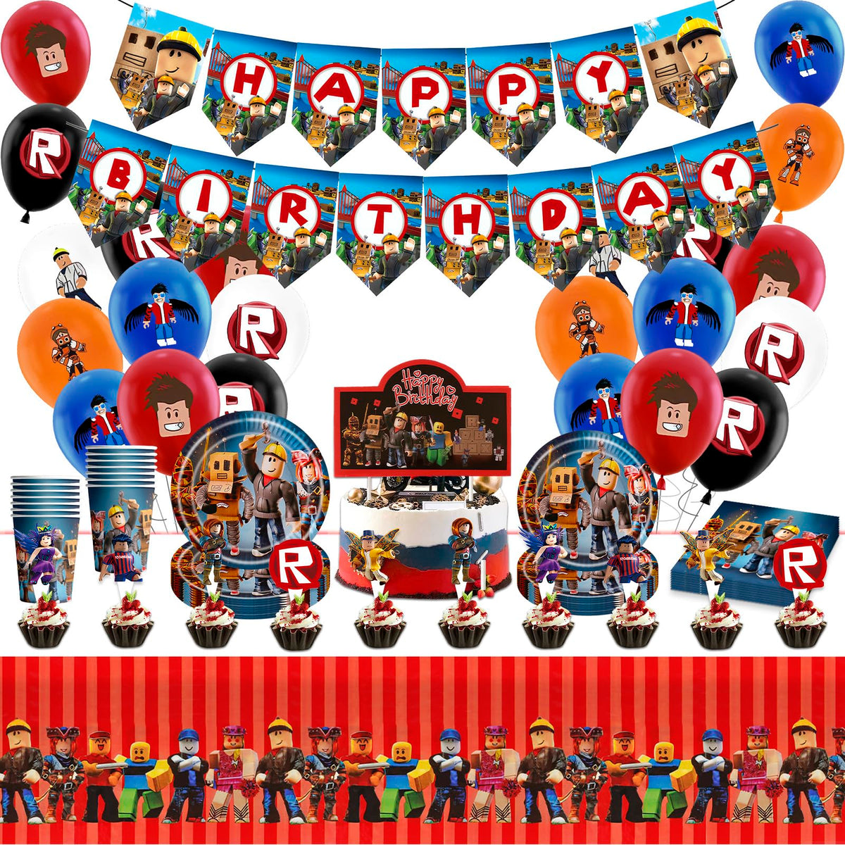 Luclay Gamer Party Decorations, Balloons Tableware Set - 95Pcs Birthday Decorations, Birthday Party Supplies, Plates Cups and Napkins and Tablecloth