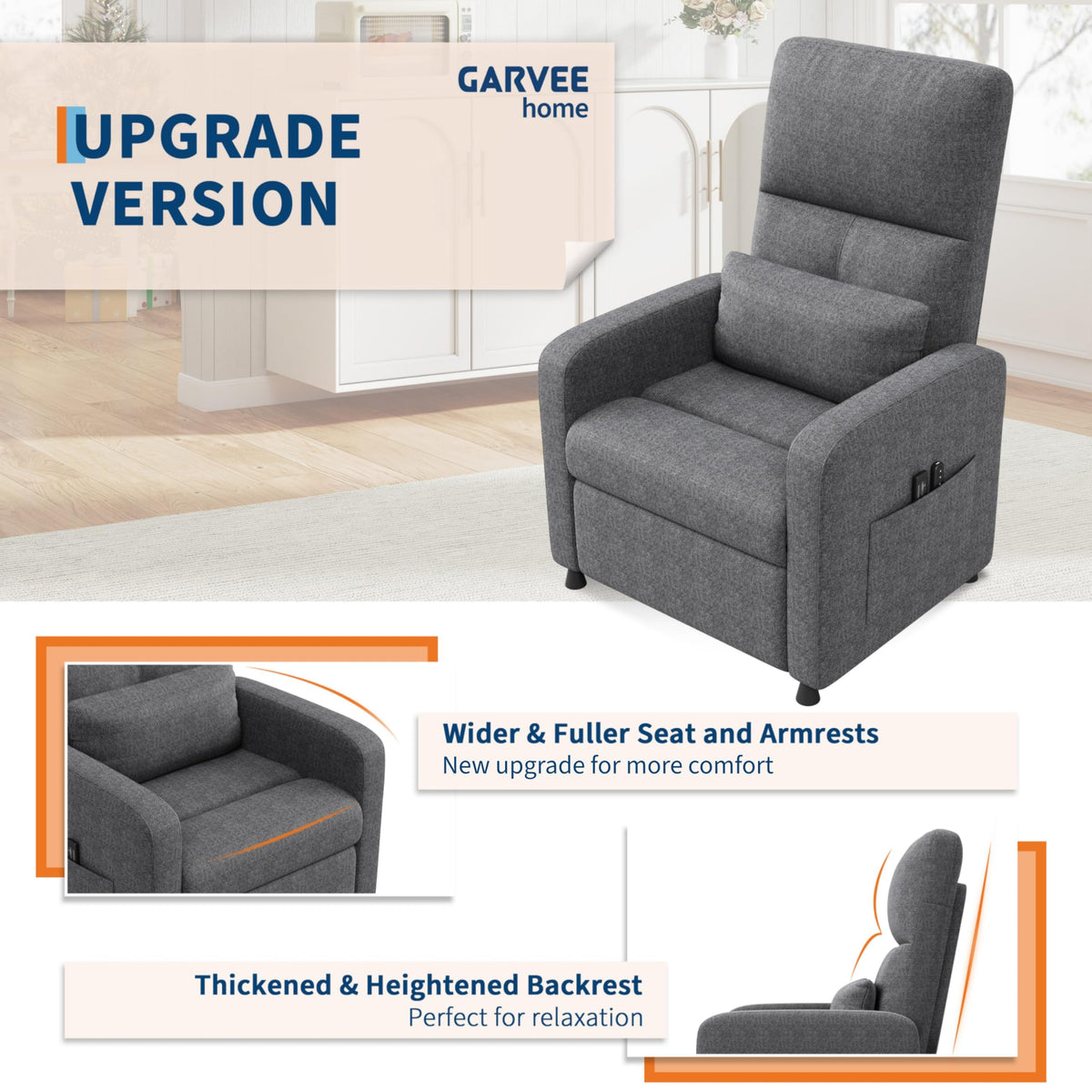 GarveeHome Recliner Chair Reclining Sofa with Massage & Heat(Grey)