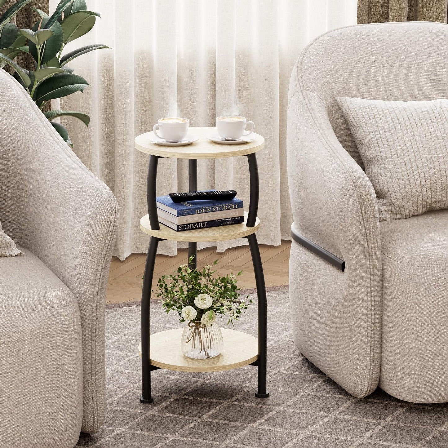 Yuede Round Side Table, 3 Tier Slim Round Coffee Table, Small End Table with Storage Shelf, Bedside Table, for Living Room, Bedroom, Small Space