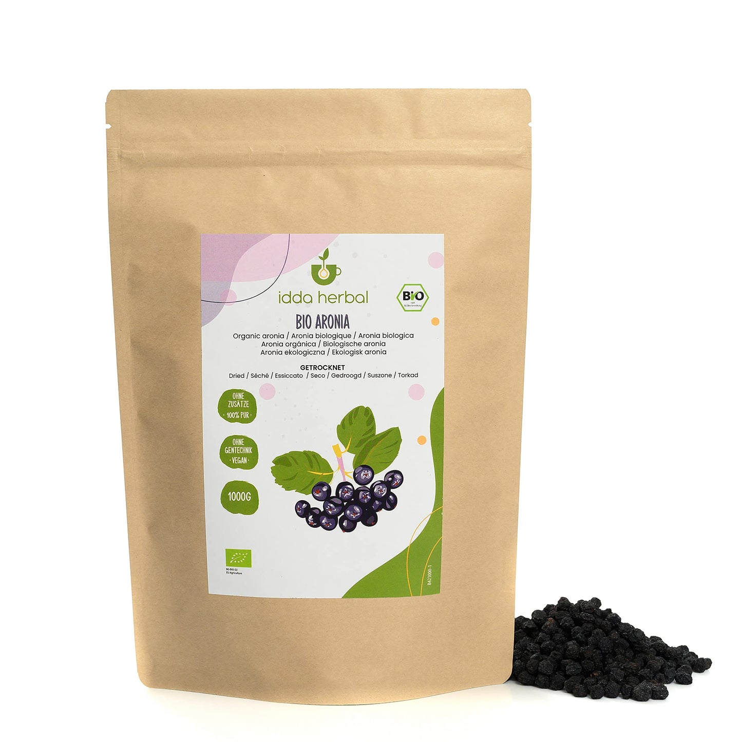IDDA Herbal Organic Aronia Berries 1kg 2.2 lb, Unsweetened Dried Aronia Berries, Fruit Snack
