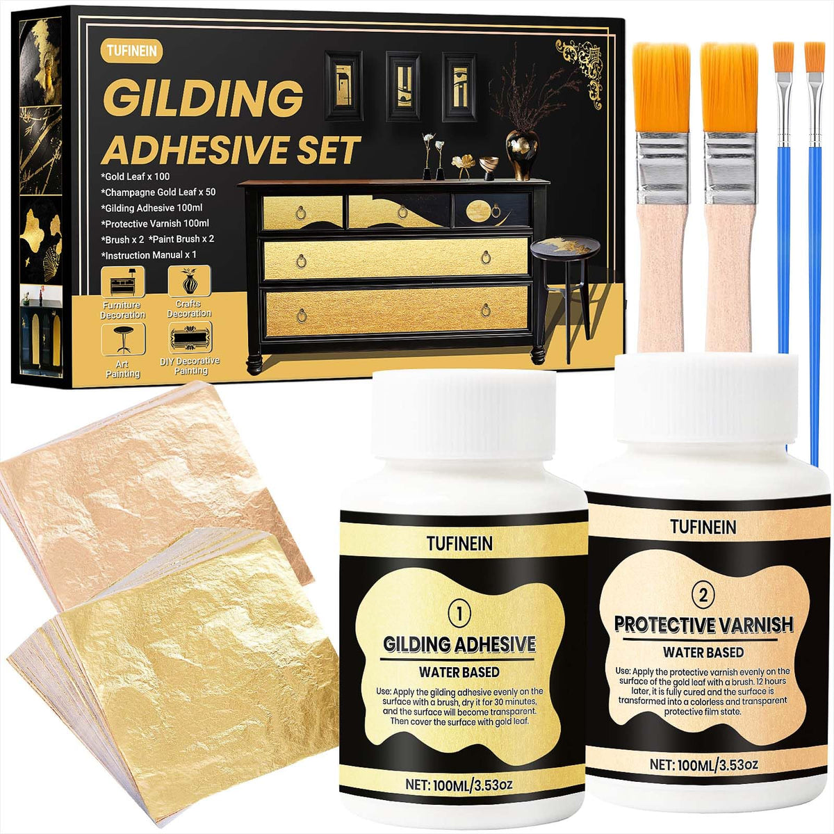 Gilding Adhesive Set, TUFINEIN 3.53oz/100ml Water Based Adhesive and Varnish, Gold Leaf and Champagne Gold Foil Gilding Kit, Furniture & Crafts