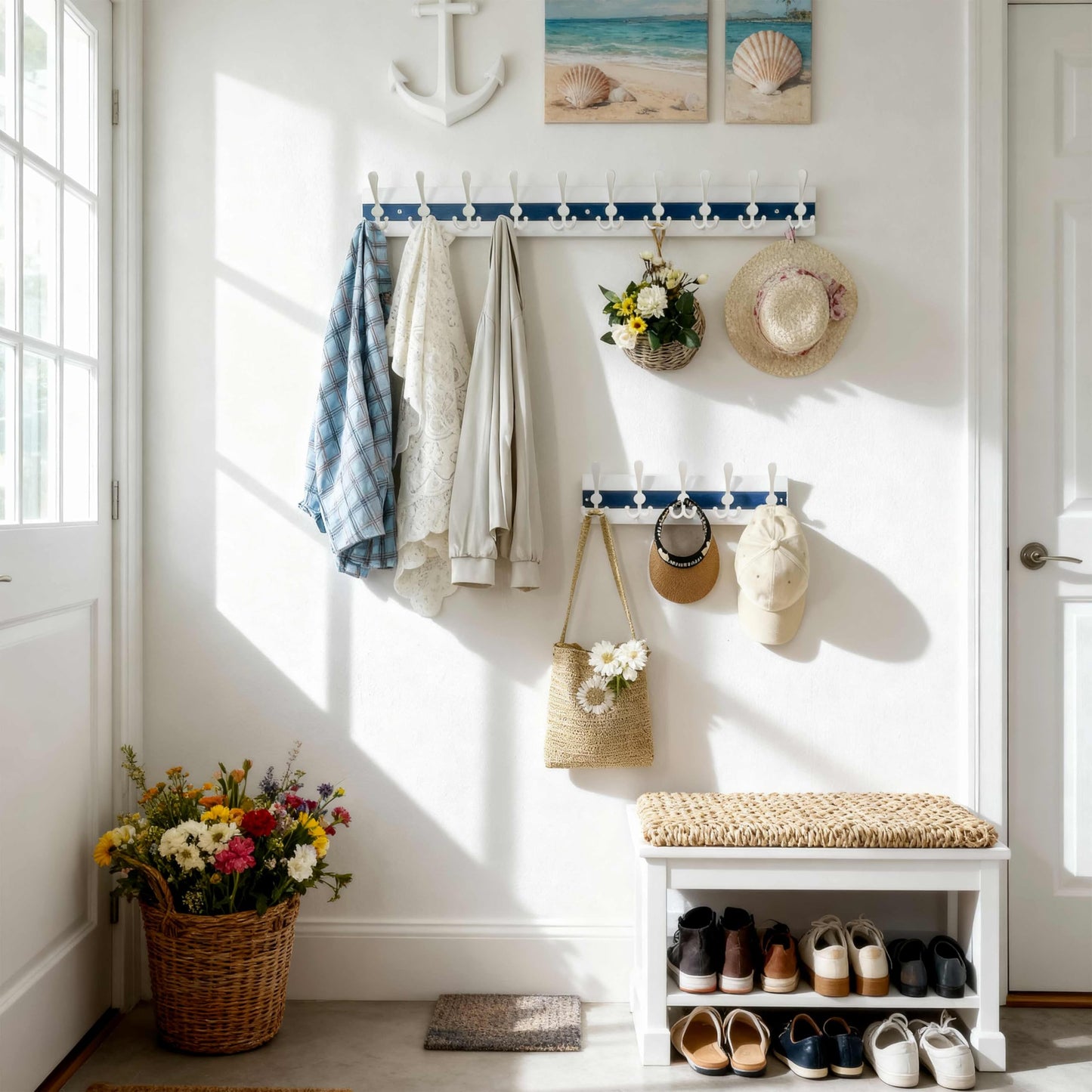 SKOLOO Coastal Coat Rack Wall Mount-97cm Beach House Entryway Wooden Coat Hook with 10 Hooks for Hanging Coats, Hats or Towels