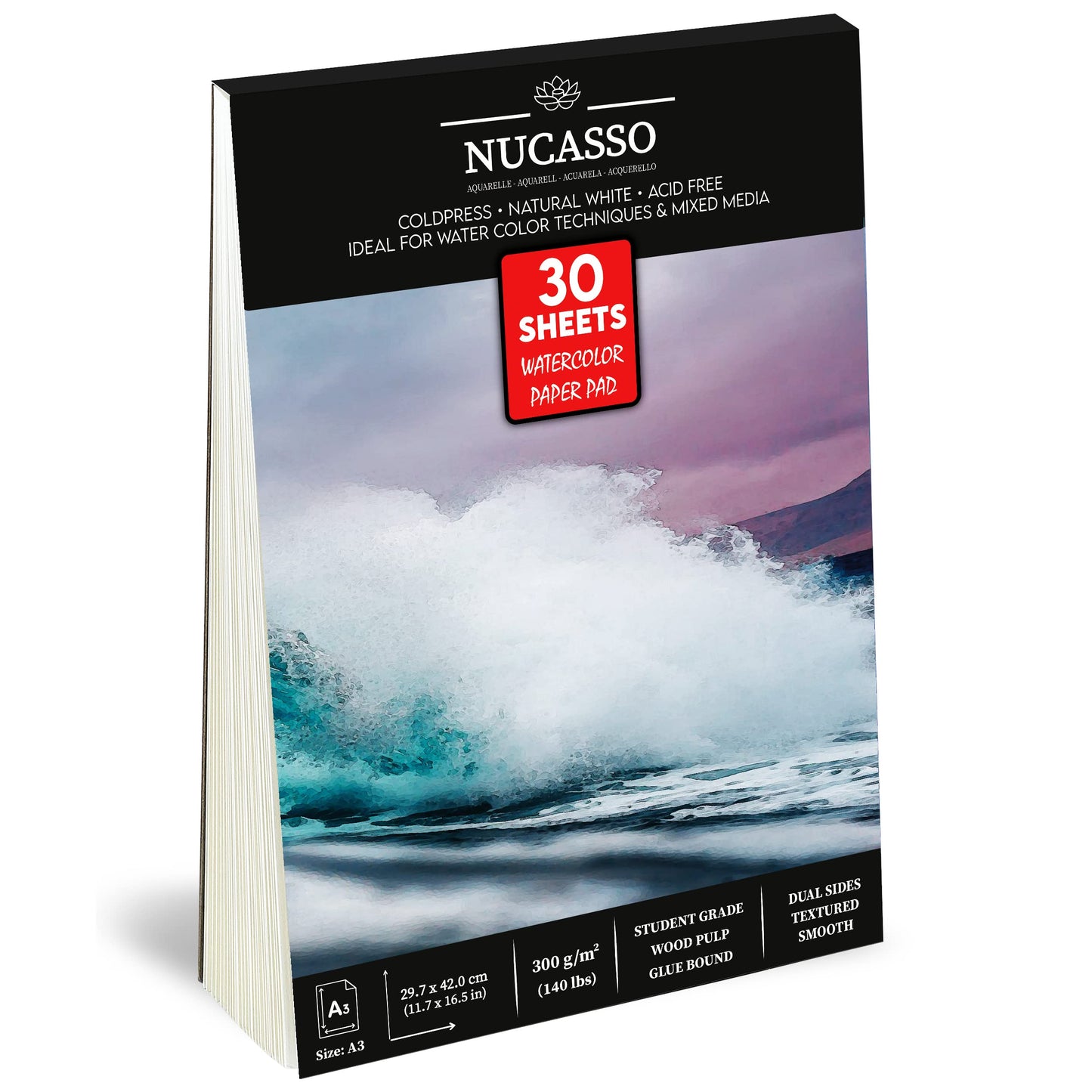 NUCASSO Watercolour Paper Pad A3 x 30 Sheets ? Natural White 300 GSM Student Grade, Cold-Pressed, Glue Bound Water Colour Sketchbook for Wet, Dry &