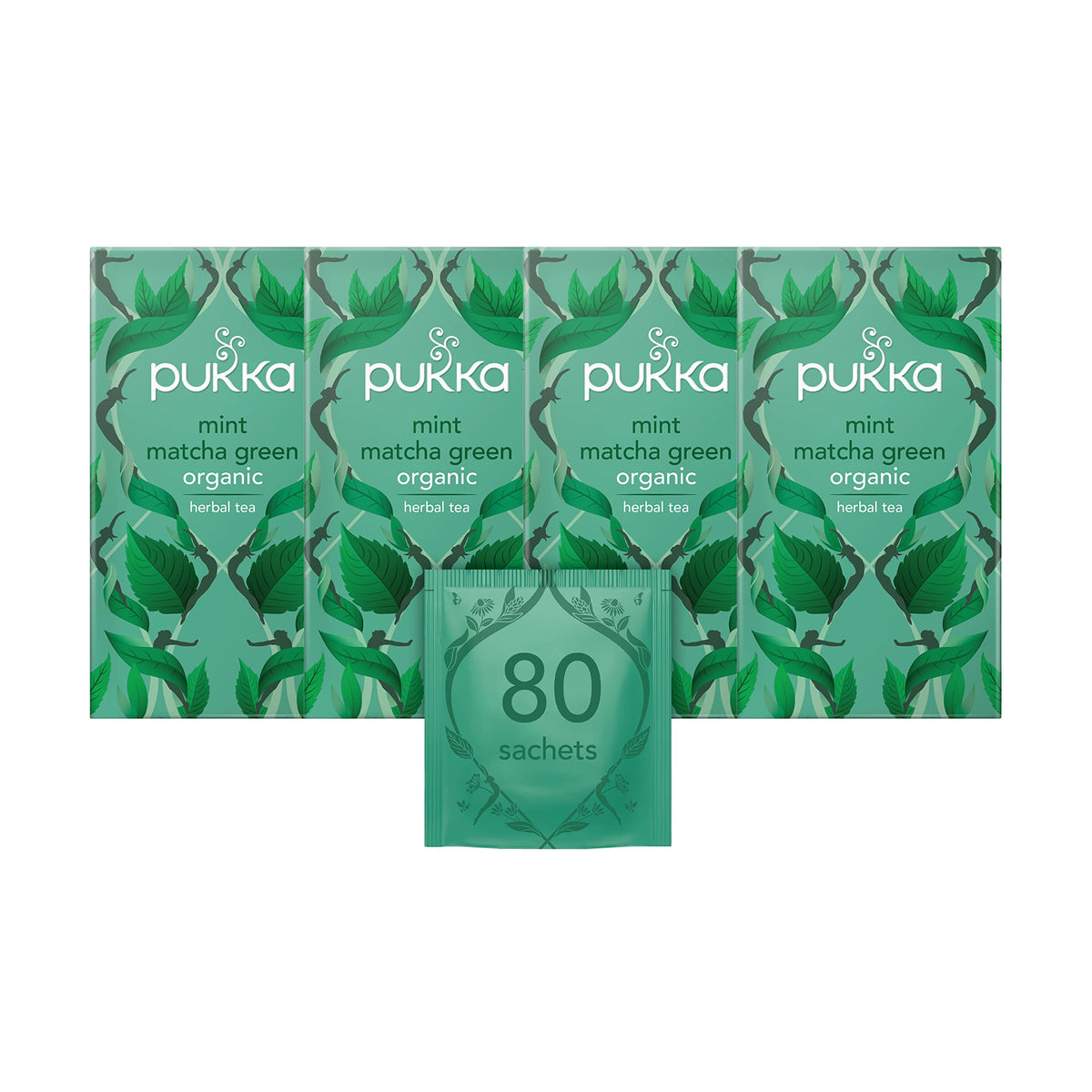 Pukka Herbs | Mint Matcha Green Organic Herbal Tea | Peppermint, Spearmint and Matcha Powder | Perfect For Everyday Vitality | 4 packs | 80 Sachets
