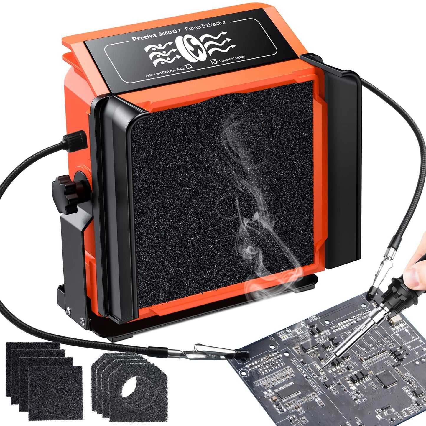 Soldering Fume Extractor, Preciva Solder Iron Kit High Extraction Power, Angle Adjustable with 4 Activated Carbon Filters, 2 Auxiliary Clips and 2
