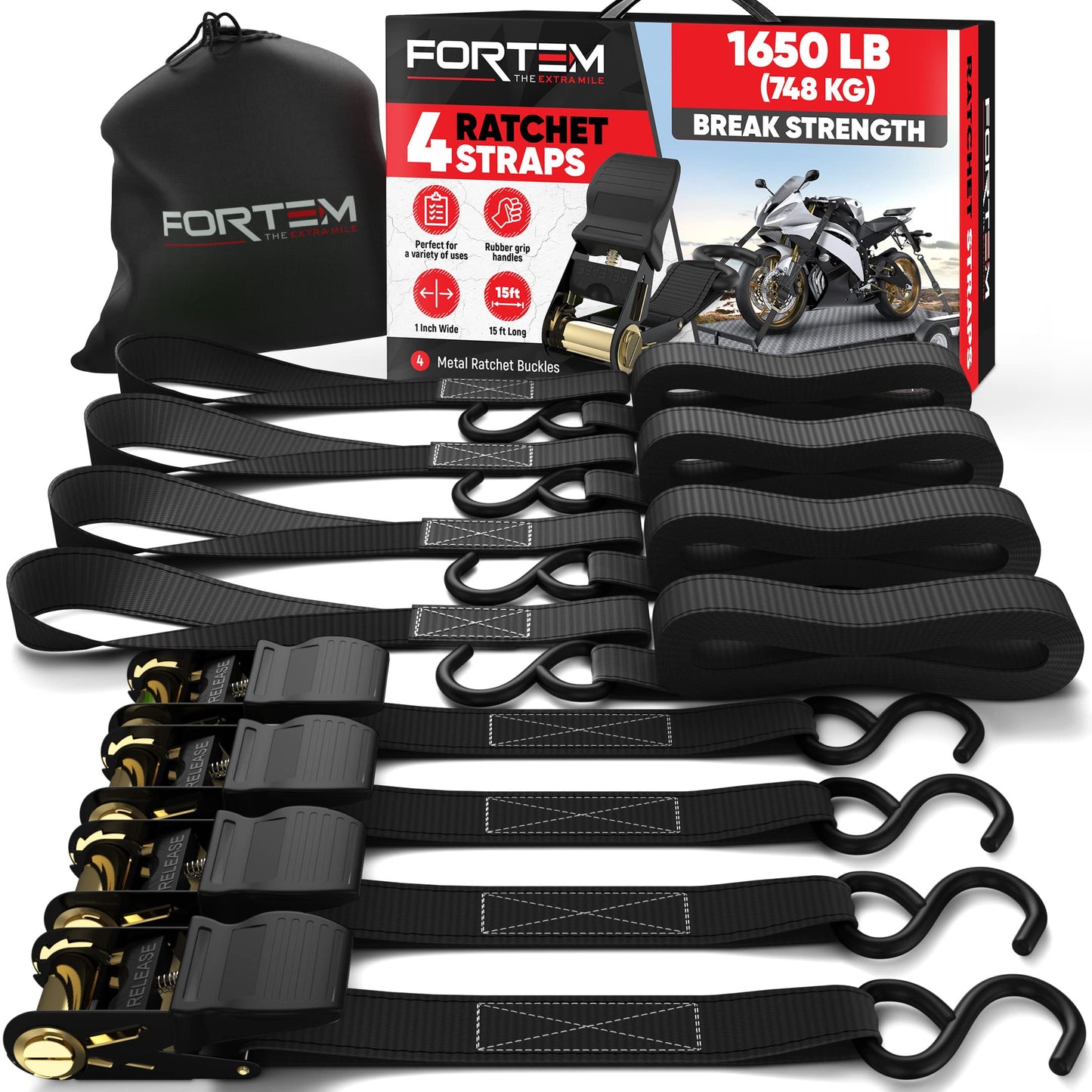FORTEM Ratchet Straps, 748kg Break Strength, 4 Pack 4.6m x 2.54cm Tie Down Strap Set, 4 Soft Loops, Motorcycle Straps Tie Downs, Cargo Cam Buckles,
