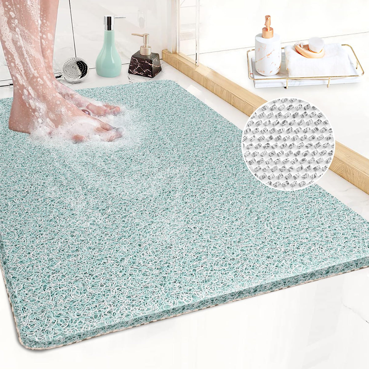 Corner Shower Mat Non Slip,Anti Mould Bath Mat,Loofah Sector Bathroom Mats,21 Inch Quadrant Shower Mats with Drain,PVC Bathtub Rug for Tub & Wet
