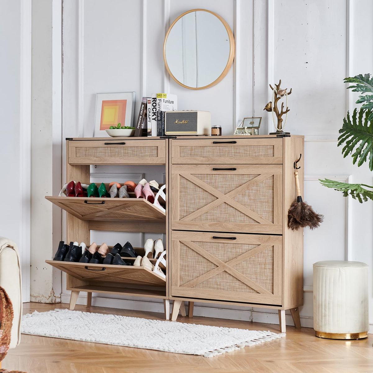 LELELINKY Rattan Slim Narrow Shoe Storage with 2 Flip Drawers, Natural