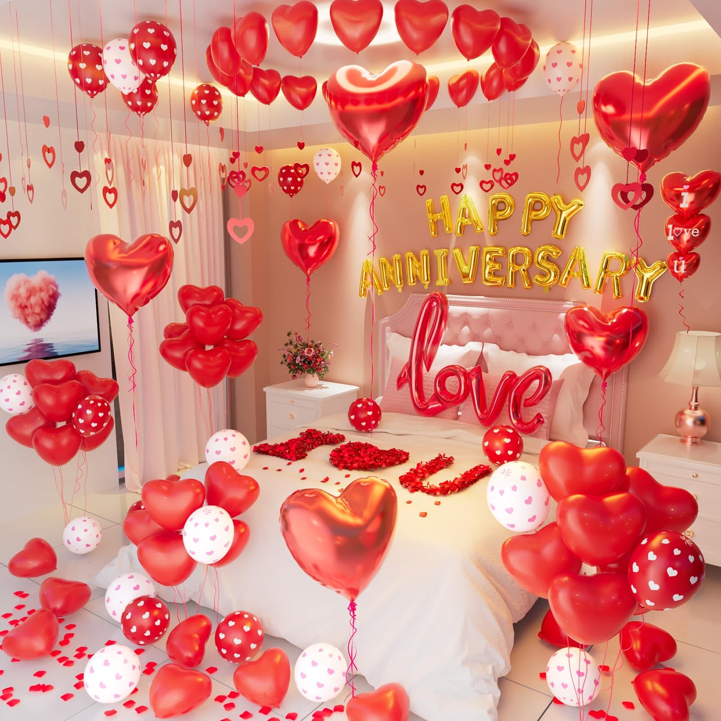 Anniversary Decorations Valentines Day Balloons Arch with Happy Anniversary Banner Heart I Love You Balloons Red Felt Heart Hanging String Rose Petals