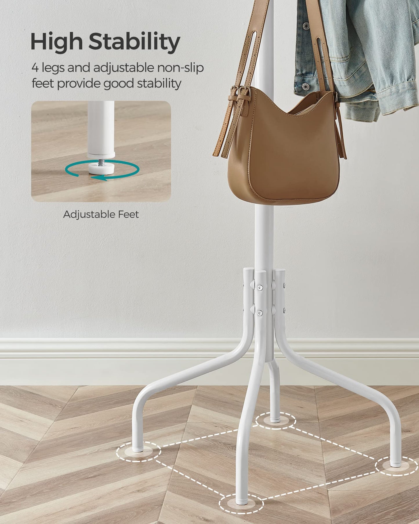 SONGMICS Coat Stand, Metal Coat Rack with 12 Hooks, 4 Legs, Hang Coats, Jackets, Hats, Bags, for Hallway Bedroom Office, White RCR031W01