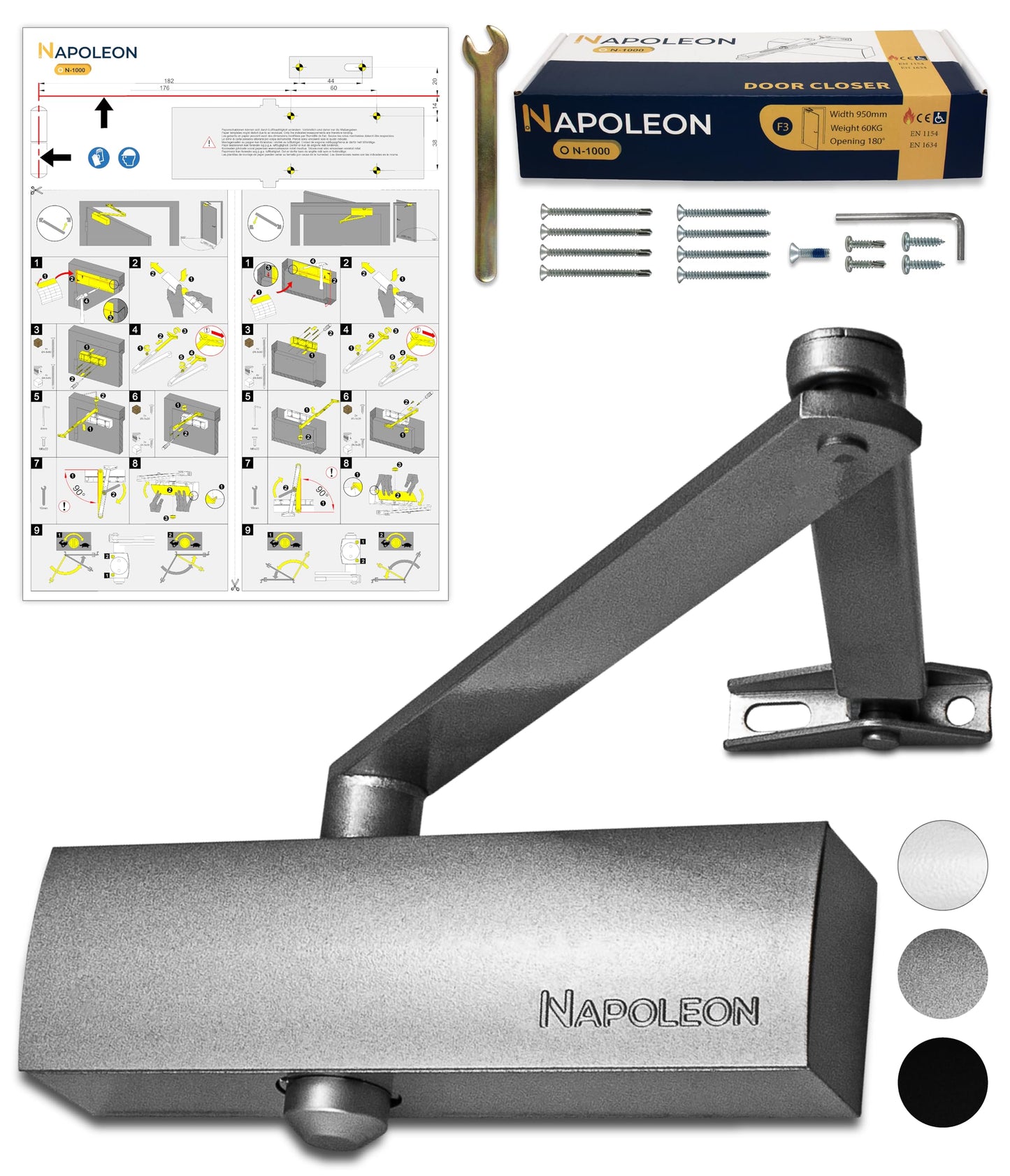 NAPOLEON N-1000 Robust Automatic Door Closer - EN1154/EN1634 Standards - Commercial & Residential - Door from 20Kg to 60Kg Size 3 - Drilling Template