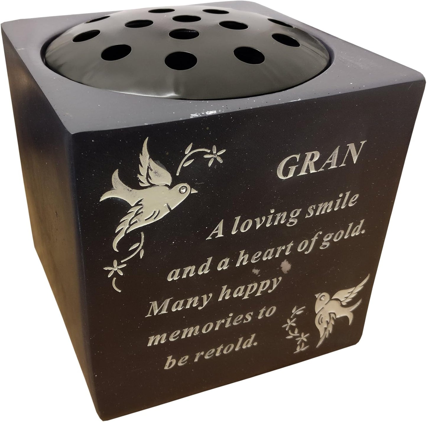 gran Dove Rose Flower Bowl Resin Charcoal Grey Memorial Graveside Verse