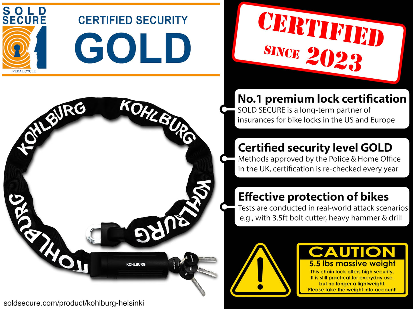 KOHLBURG Security Chain Lock Sold Secure Gold - 4ft / 120cm Extra-Long Bicycle Lock - high Security Standard - Heavy Duty Lock 0.33" Strong - Secure