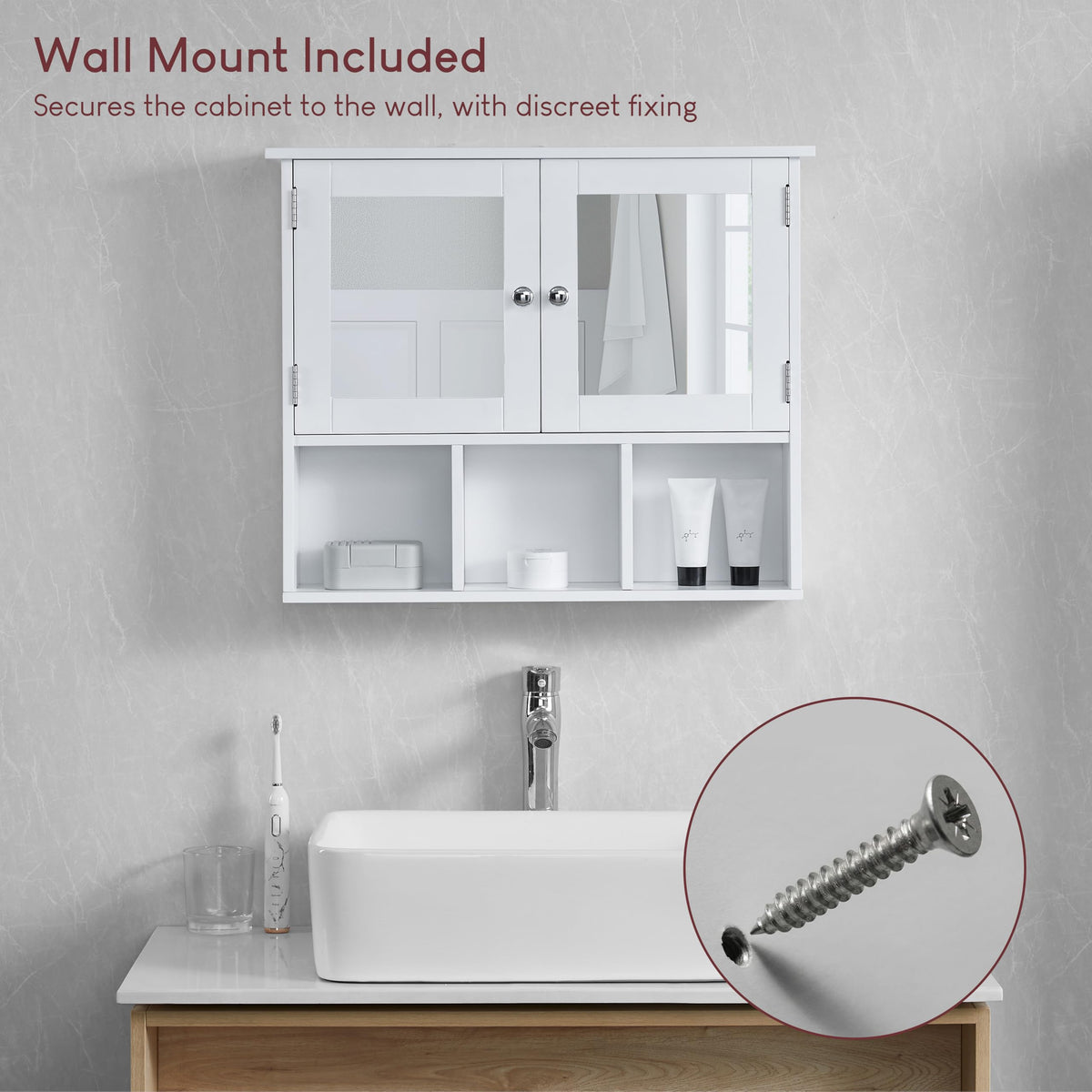 Bath Vida Priano Double Door Mirrored Bathroom Cabinet Storage Shelves Wall Mounted, White