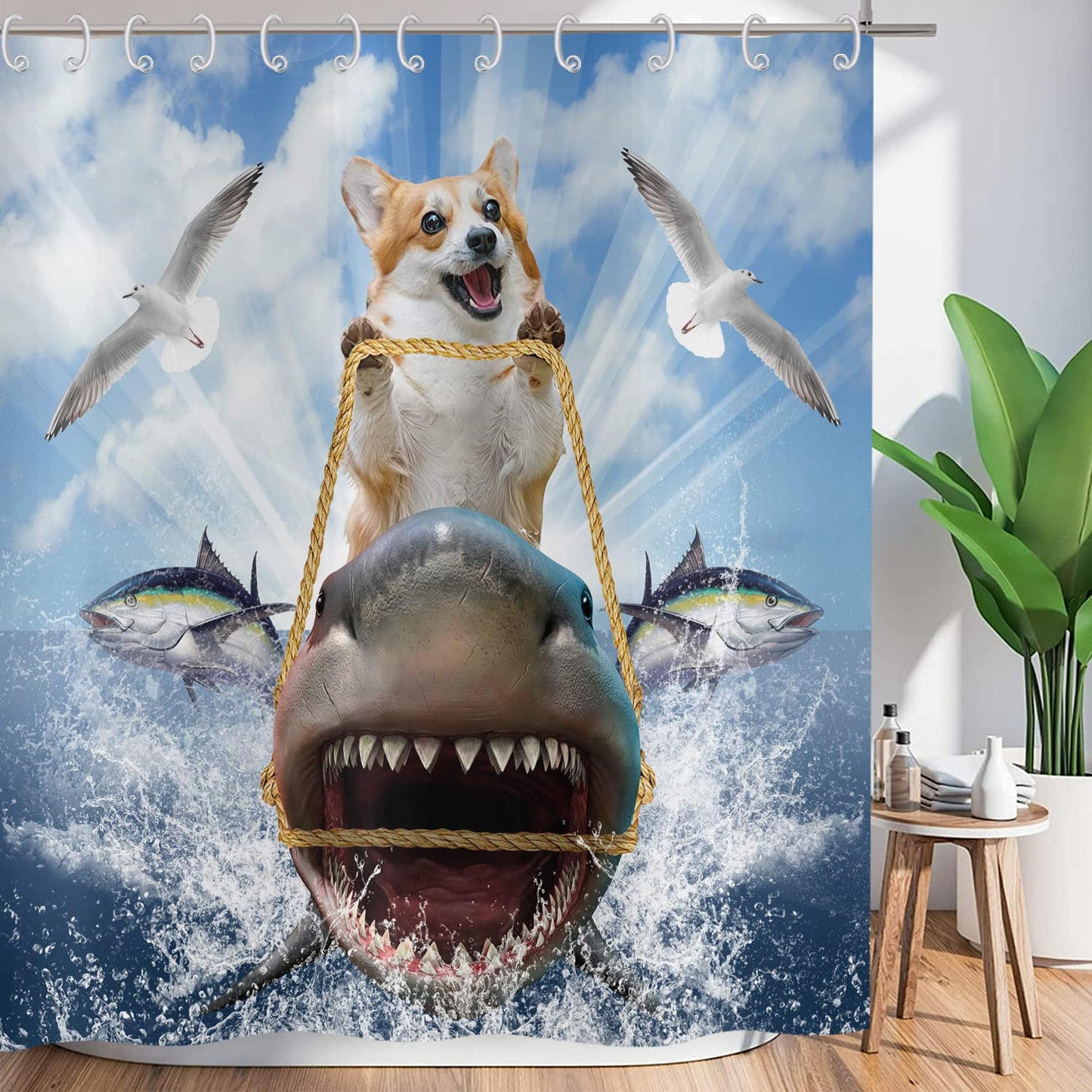ASDCXZ Shower Curtain Funny 180x180 cm, Funny Dog Ride Shark Ocean Adventure Washable Textile Bathroom Curtains Polyester Fabric Waterproof Shower