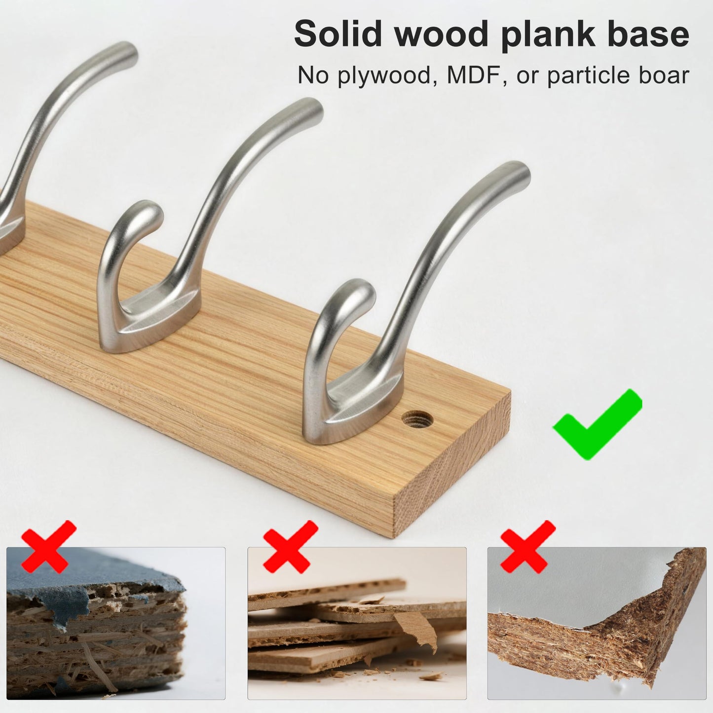 HONSKY Wall Coat Rack - 6 Double Hooks (44cm) | Wooden & Metal Towel/Coat Hanger for Entryway, Bathroom, Bedroom, Garage | Easy Install