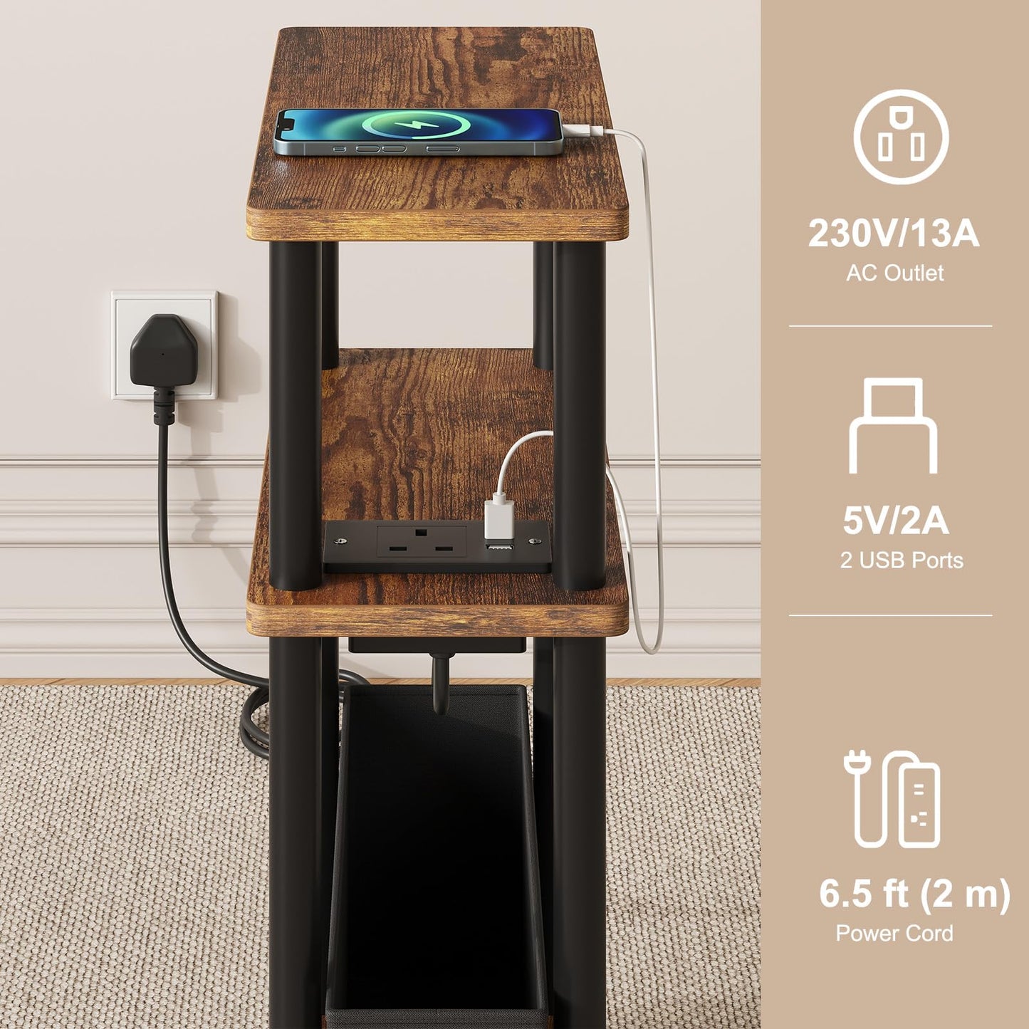 APICIZON Narrow Side Table, 3 Tier Bed Side Table, Slim End Table with Charging Station, for Living Room, Bedroom