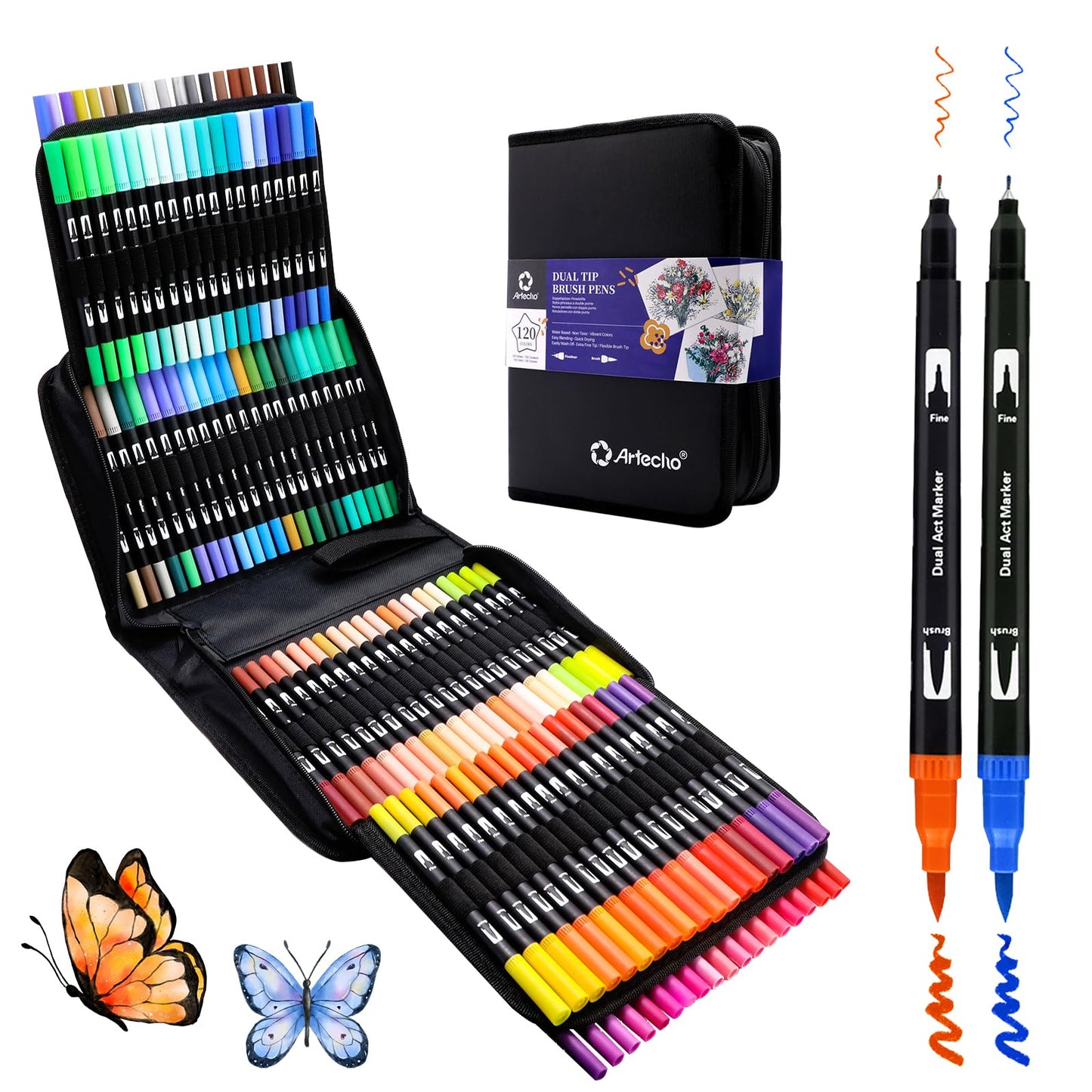 Artecho 120 Dual Tip Brush Pens?Colouring Pens brush pens for Adult?Colouring Books?Calligraphy?Drawing?Sketching, nylon tip for Artists?Beginners