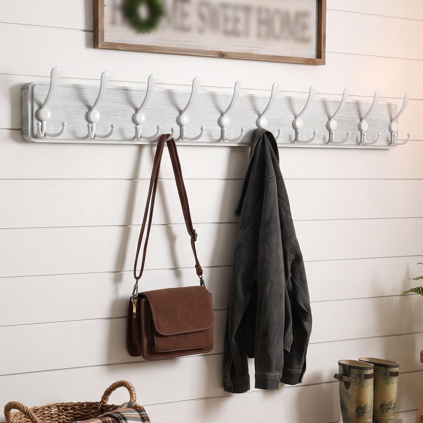 WEBI Coat Rack Wall Mount,98cm Long,10 Triple Hooks,Wood Coat Hooks Wall Mounted,Large Coat Hanger Wall Hook Rack,Hooks for Hanging