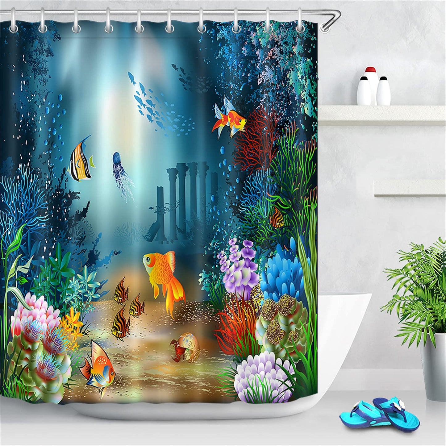 LB Tropical Fish Shower Curtain for Kids Coral Reef Marine Life Bath Curtain with Hooks Blue Sea Anti Mould Waterproof Polyester Fabric Bathroom