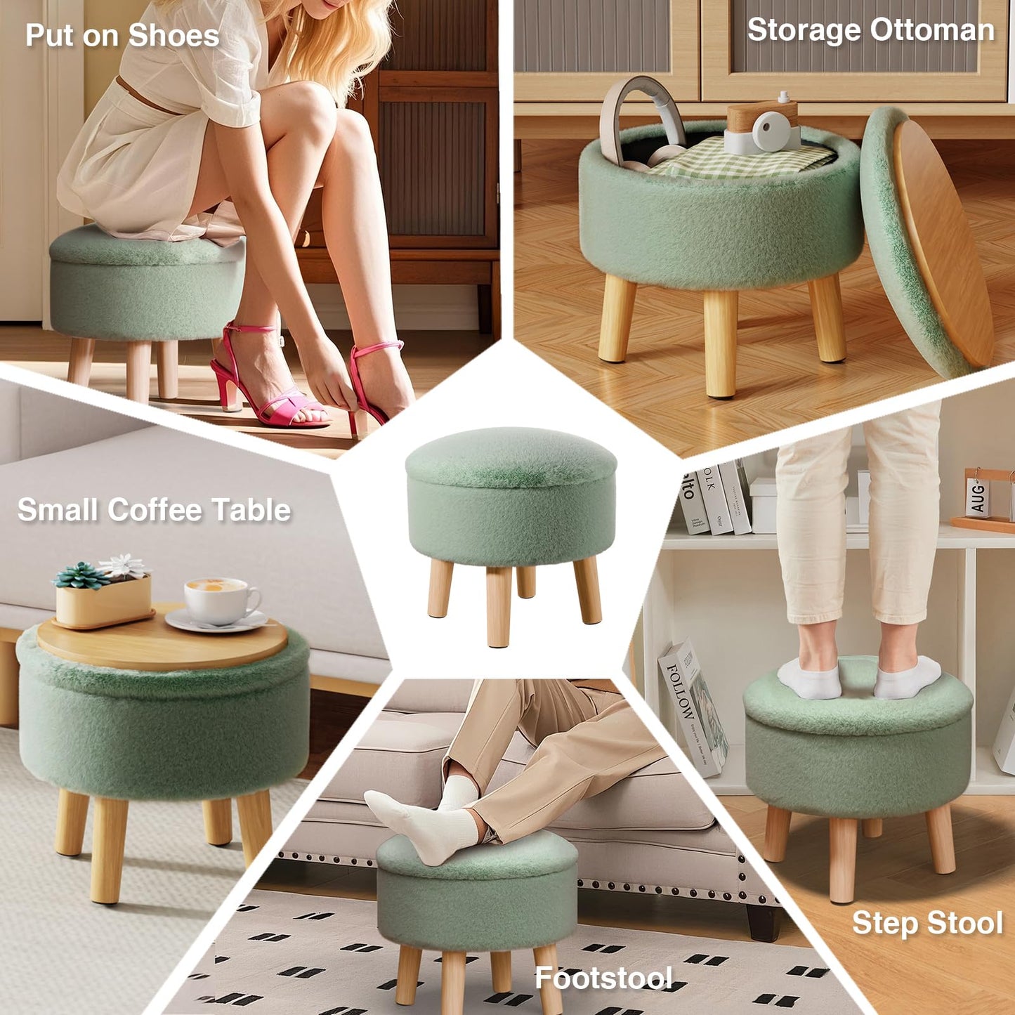BRIAN & DANY Footstool with Storage, Small Storage Ottoman, Faux Fur Round Stool with Lid, Foot Stool with Legs for Living Room Entryway, Green