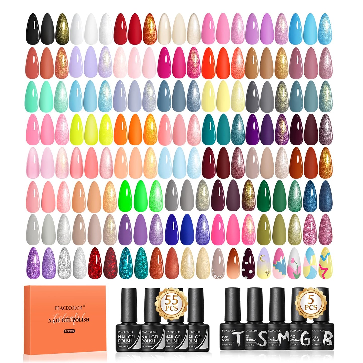 Peacecolor 60PCs Gel Nail Polish Set 55 Colors Gel Polish Kit with Glossy/Matte/Glitter 5Pcs Top Coat & Base Coat Soak Off U V Lamp Glitter Pink White