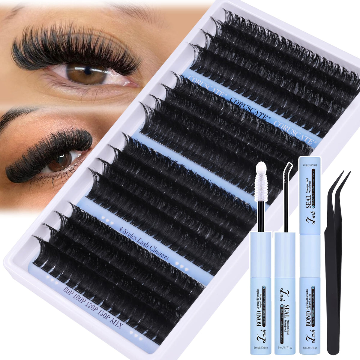 CORUSCATE Cluster Lashes Kit Long 14-20mm Eyelashes Individual Kit 80D-150D Thick Lashes Individual Cluster Russian Strip Lash D Curl DIY Lash
