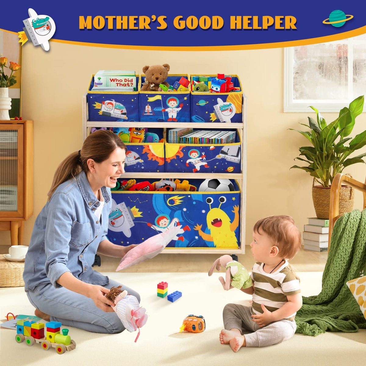 NUKied Kids Toy Storage Organizer 3-Tier Wooden Children Storage Rack with Wheels 6 Detachable Storage Bins Extra Large Capacity Bookshelf Bookcase