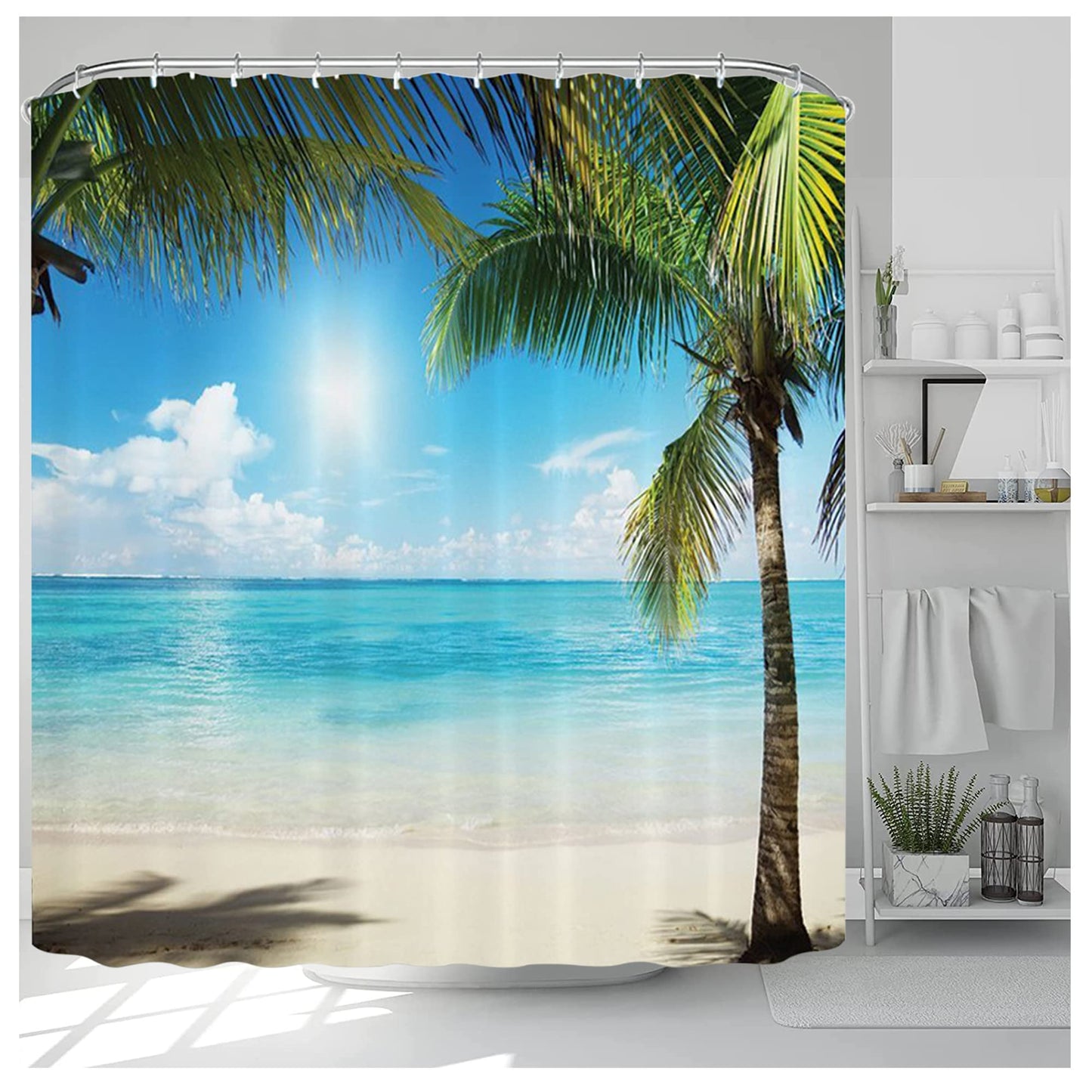 NiCoLa Shower Curtains Waterproof Curtain for Bathroom Shower with 12 Hooks, 3D Washable Shower Curtain, Beach Scene Shower Curtain for Wet Room 72 *
