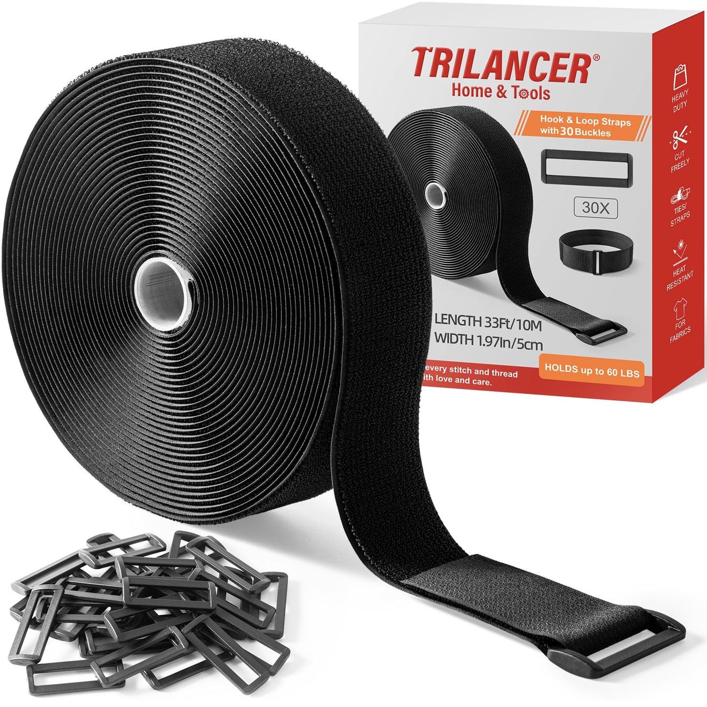 Trilancer 5cm x 10m Heavy Duty Hook and Loop Straps with 30 Buckles ? Adjustable, Cut-to-Length, Reusable Cinch Straps for Securing Cables, Hoses,
