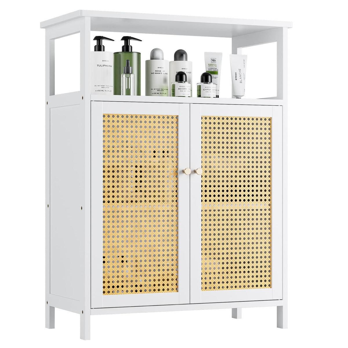 vovala Bamboo Floor Rattan Cabinet, Bathroom Storage Organizer Rack, Space Saving Wood Kitchen Cupboard, Hallway Side Table, Living Room Stand with 2