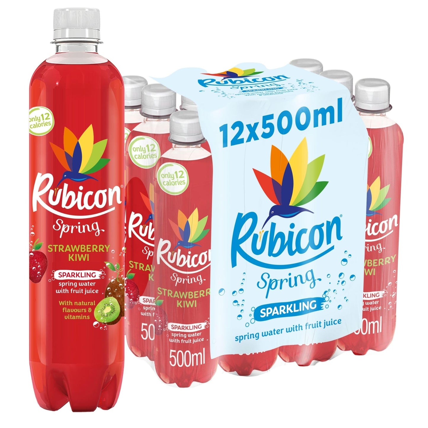 Rubicon Spring 12 Pack Strawberry Kiwi, Sparkling Spring Water with Real Fruit Juice & Natural Flavours, Only 12 Calories - 12 x 500ml Multipack