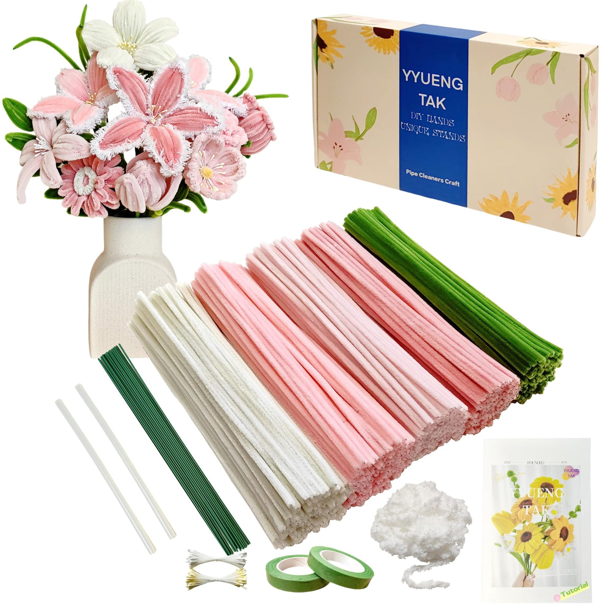YYUENGTAK 350 Pcs Pink Pipe Cleaner Flower kit with tutoria,Fluffy Yarn,Green Floral Wires,Gardening Tape,Stamen?Pipe Cleaners for Craft